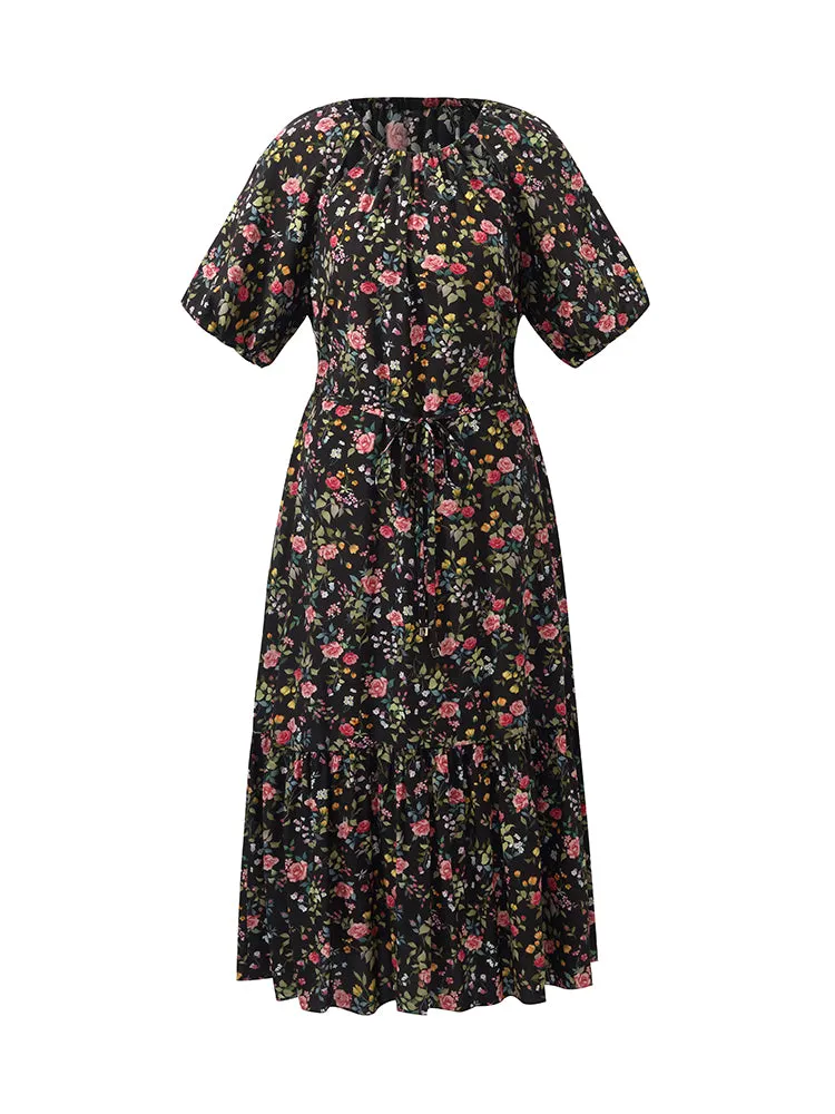 16 Momme Mulberry Silk Cut-Out Rose Printed Women Midi Dress