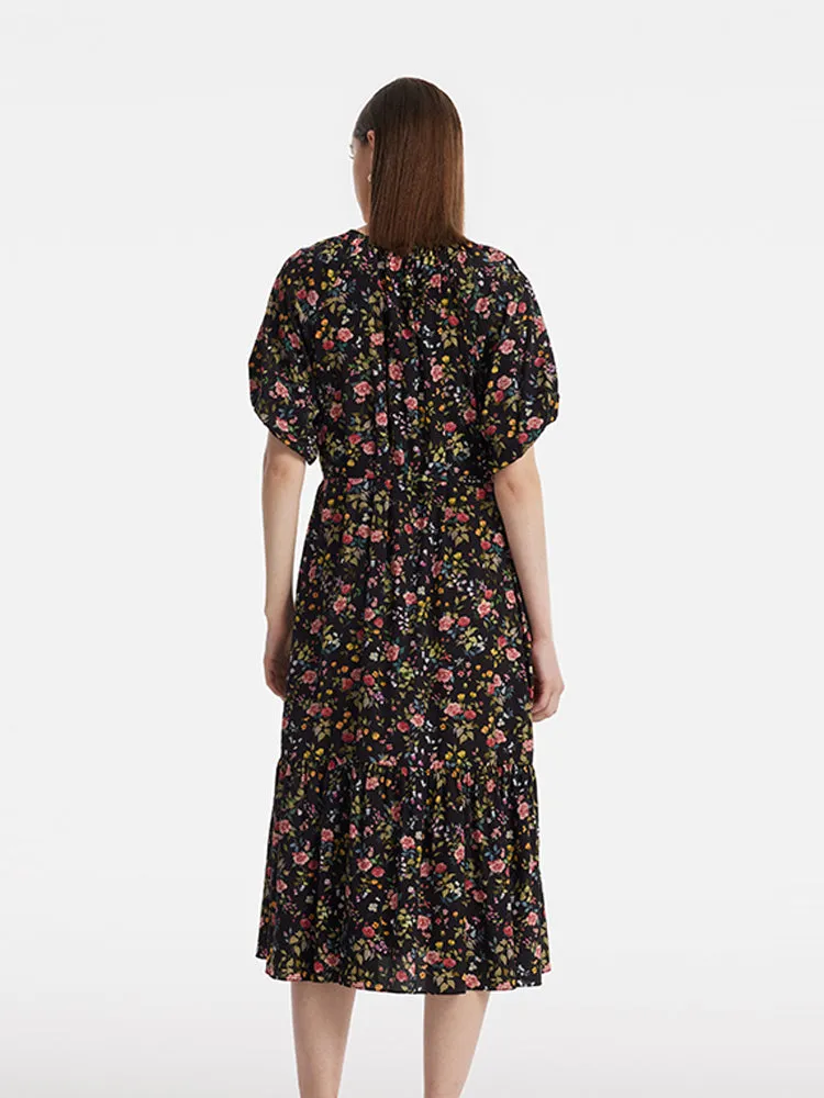 16 Momme Mulberry Silk Cut-Out Rose Printed Women Midi Dress