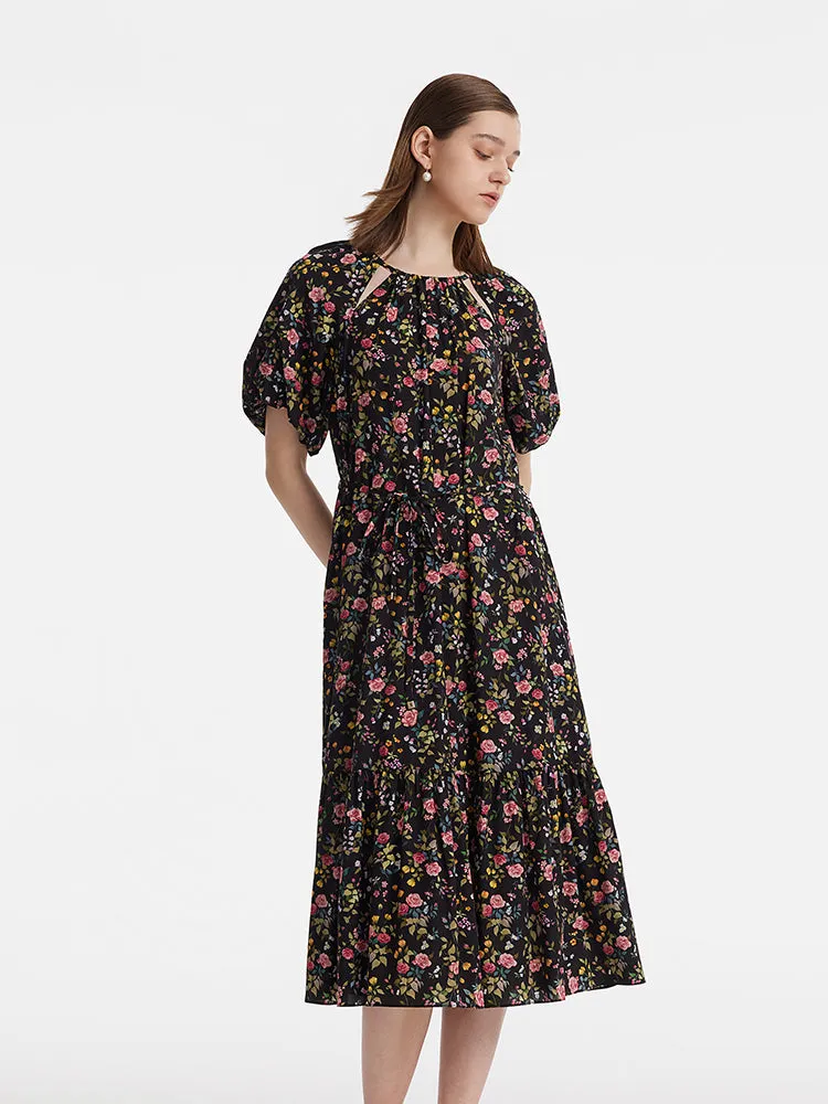 16 Momme Mulberry Silk Cut-Out Rose Printed Women Midi Dress