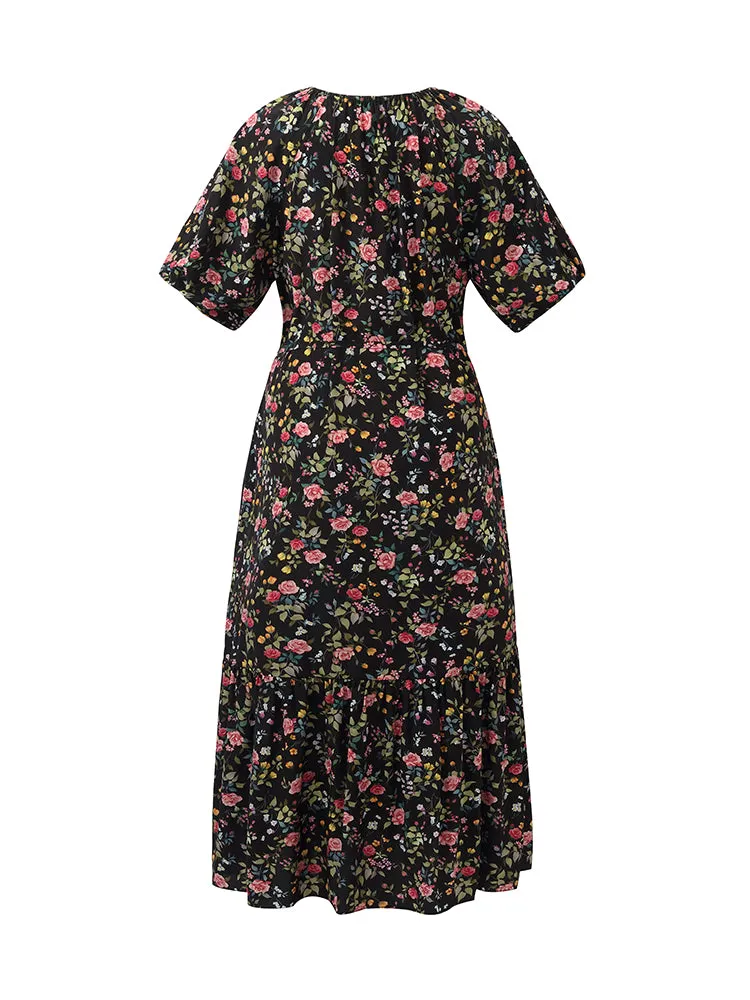 16 Momme Mulberry Silk Cut-Out Rose Printed Women Midi Dress