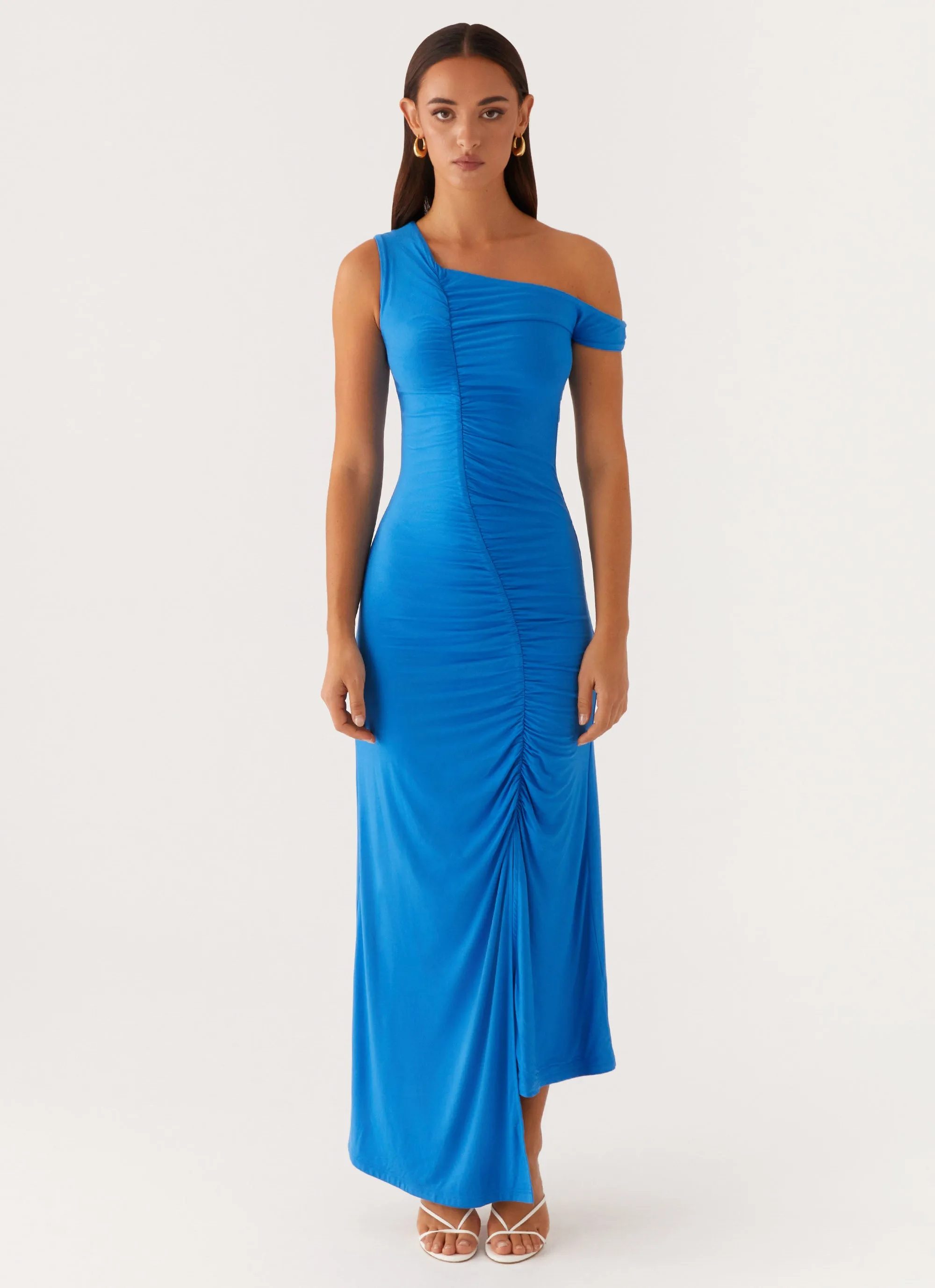 Anaya Ruched Asymmetrical Maxi Dress - Azure