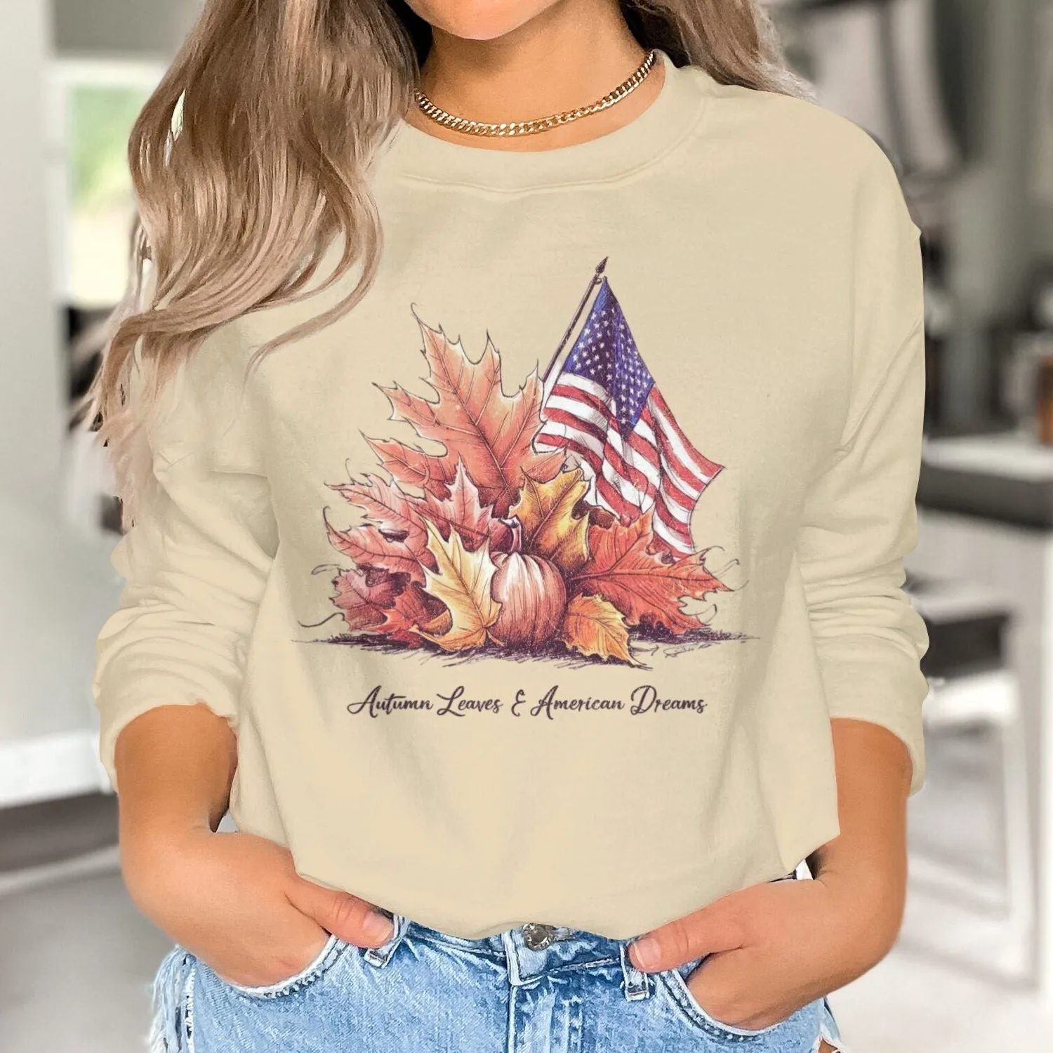 Autumn Leaves American Dreams T-Shirt, Fall Season Graphic Tee, Patriotic USA Shirt, Autumn Vibes, Cozy Fall Sweatshirt