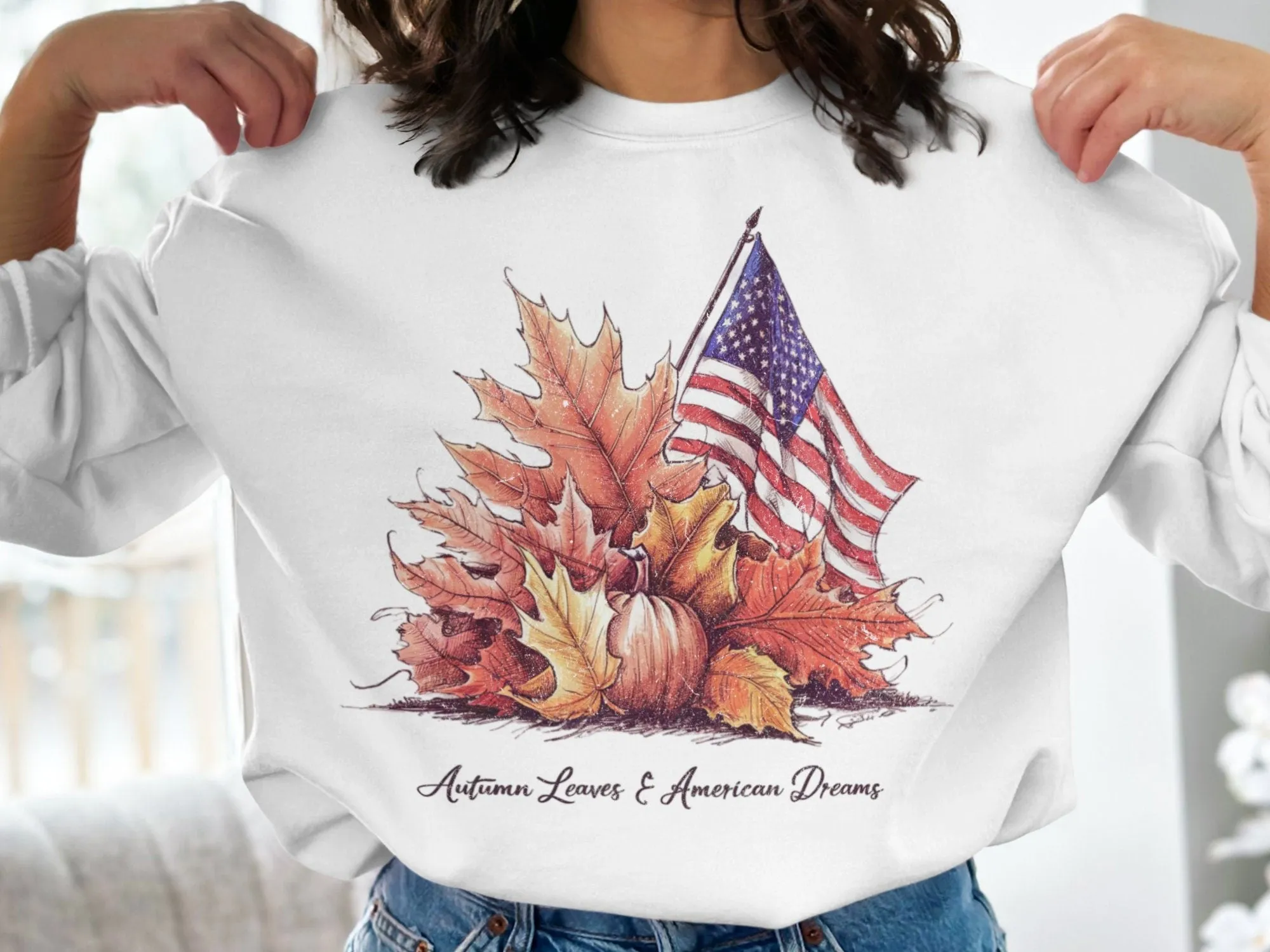 Autumn Leaves American Dreams T-Shirt, Fall Season Graphic Tee, Patriotic USA Shirt, Autumn Vibes, Cozy Fall Sweatshirt