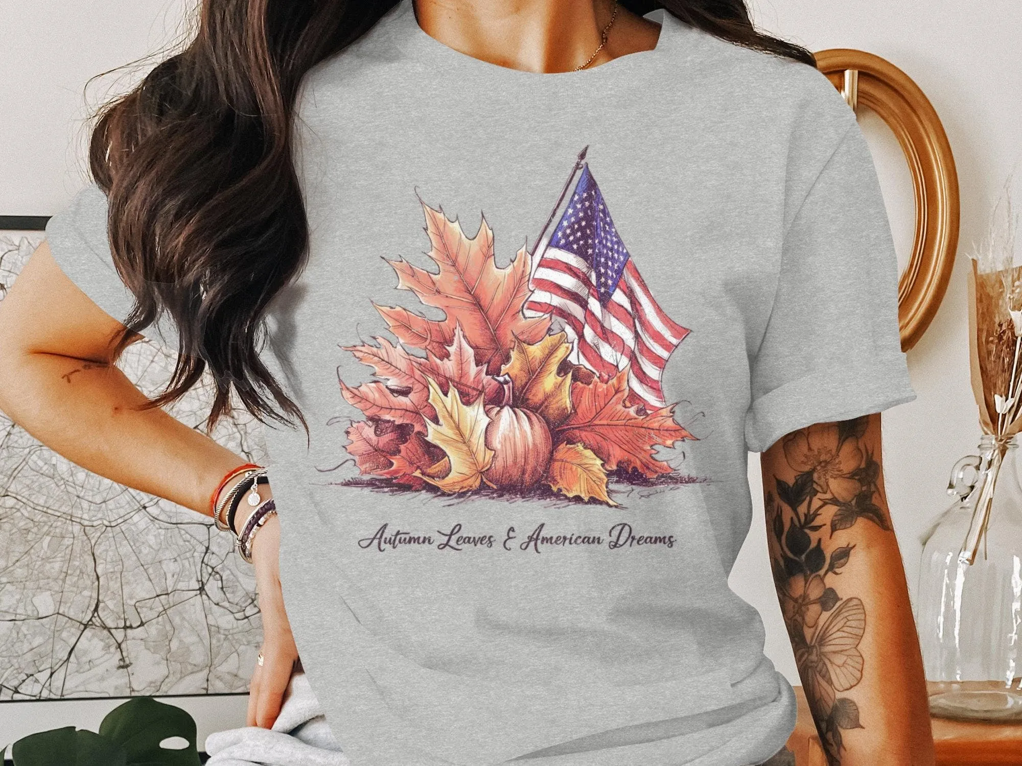 Autumn Leaves American Dreams T-Shirt, Fall Season Graphic Tee, Patriotic USA Shirt, Autumn Vibes, Cozy Fall Sweatshirt