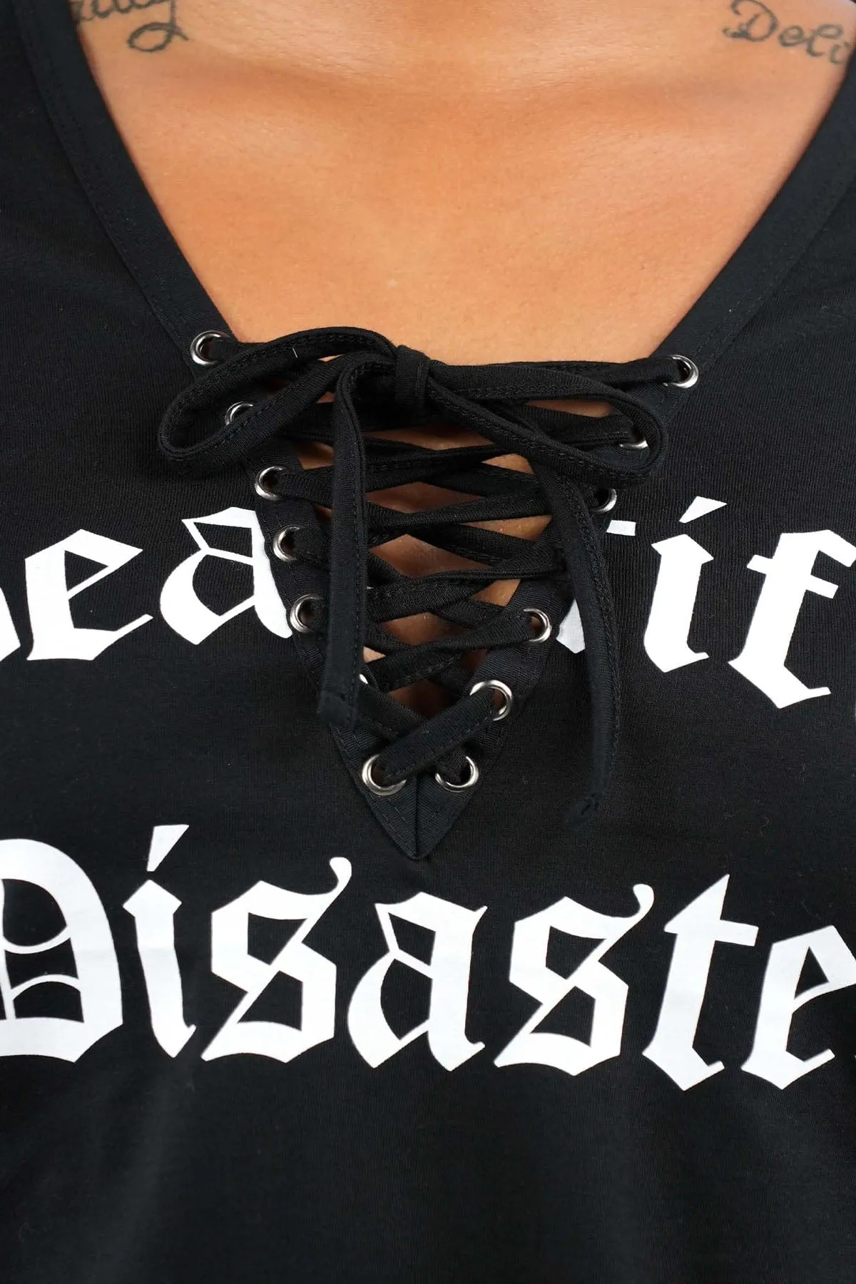 Beautiful Disaster Lace Up V-Neck Tee