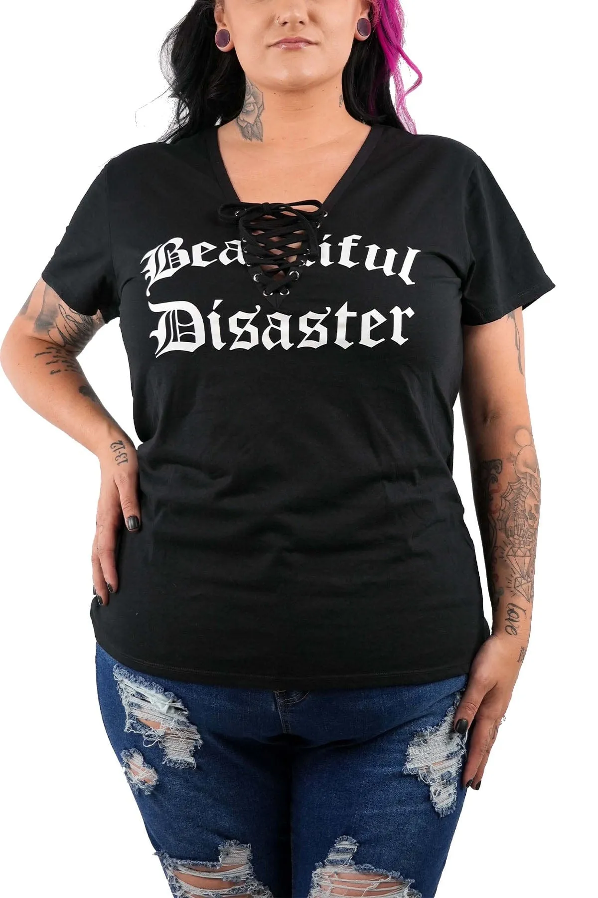 Beautiful Disaster Lace Up V-Neck Tee