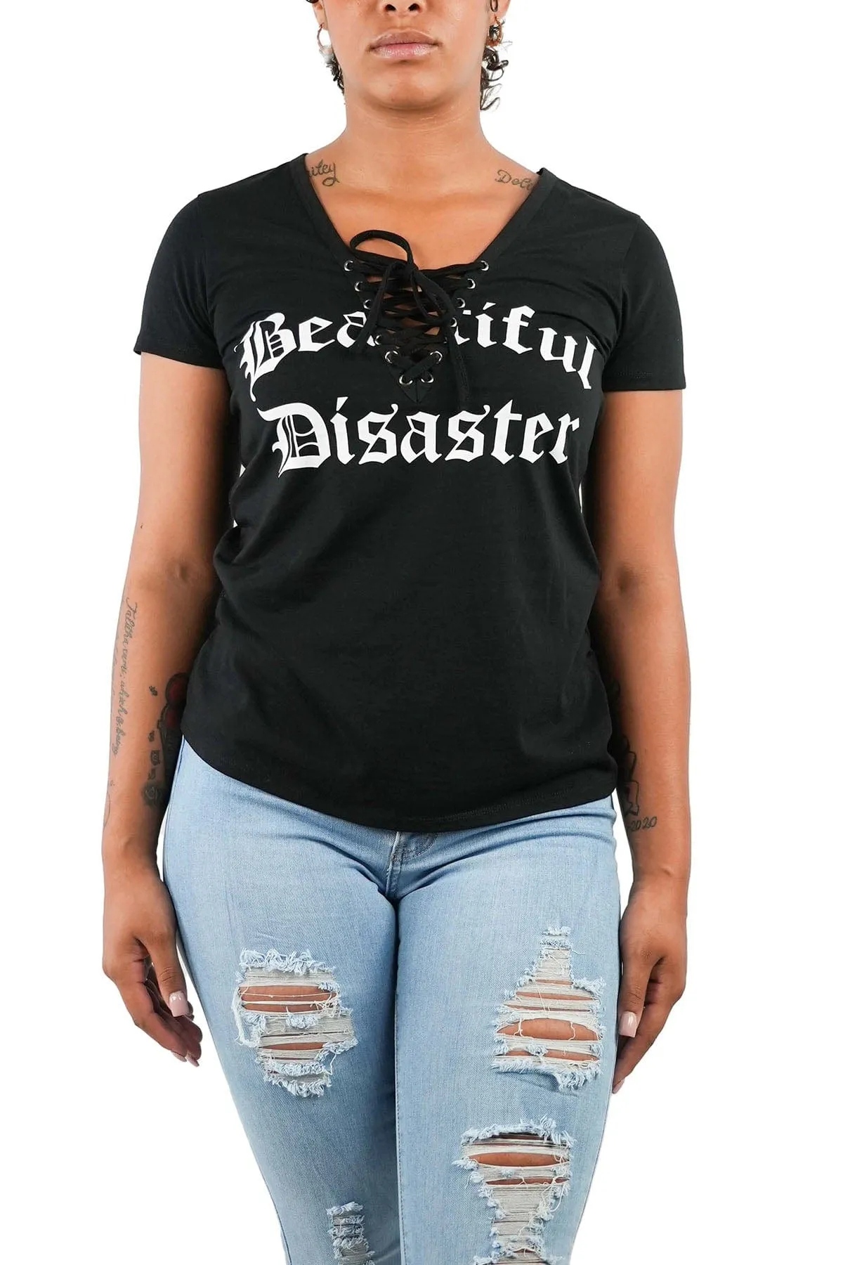 Beautiful Disaster Lace Up V-Neck Tee