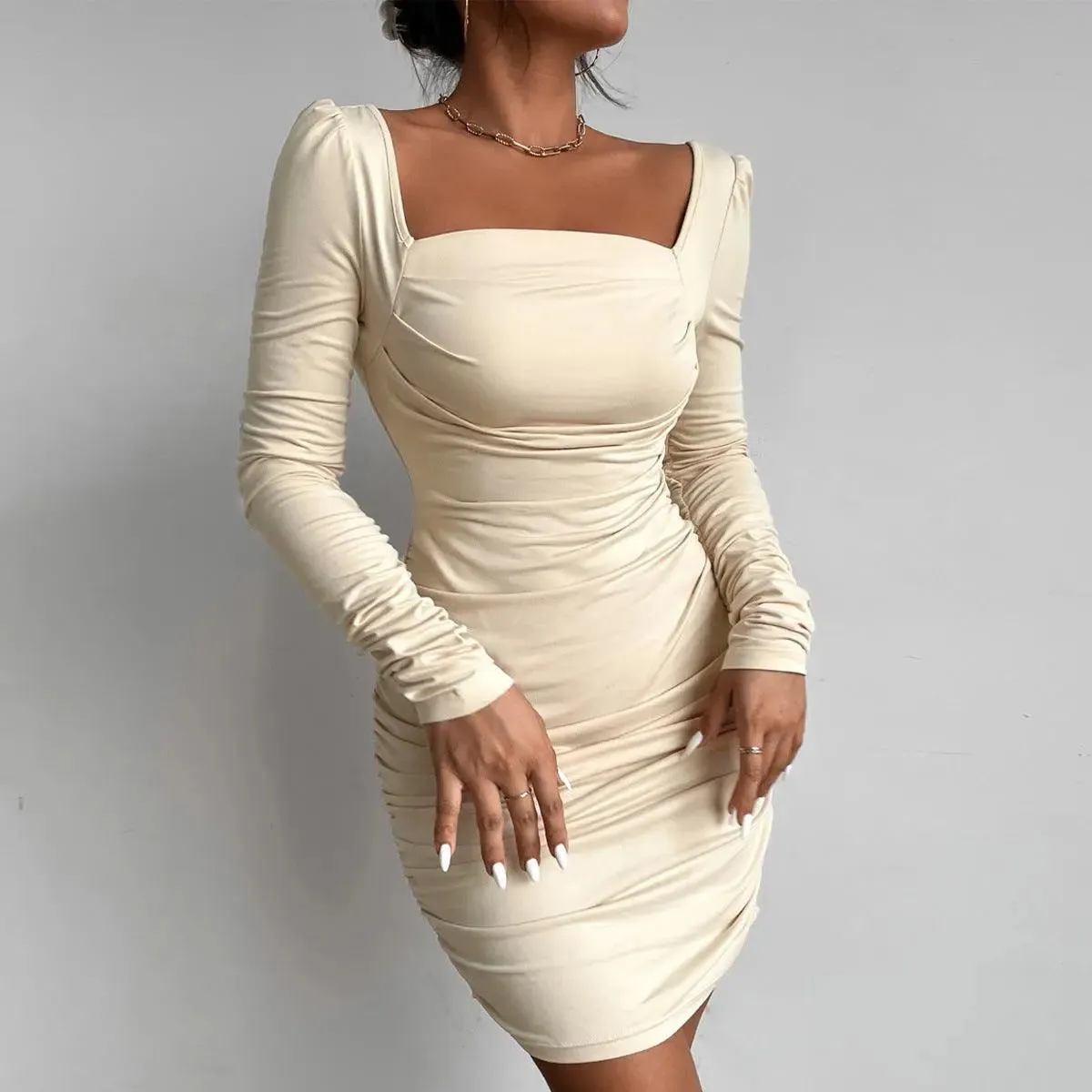 Beige Square Neck Ruched Bodycon Dress