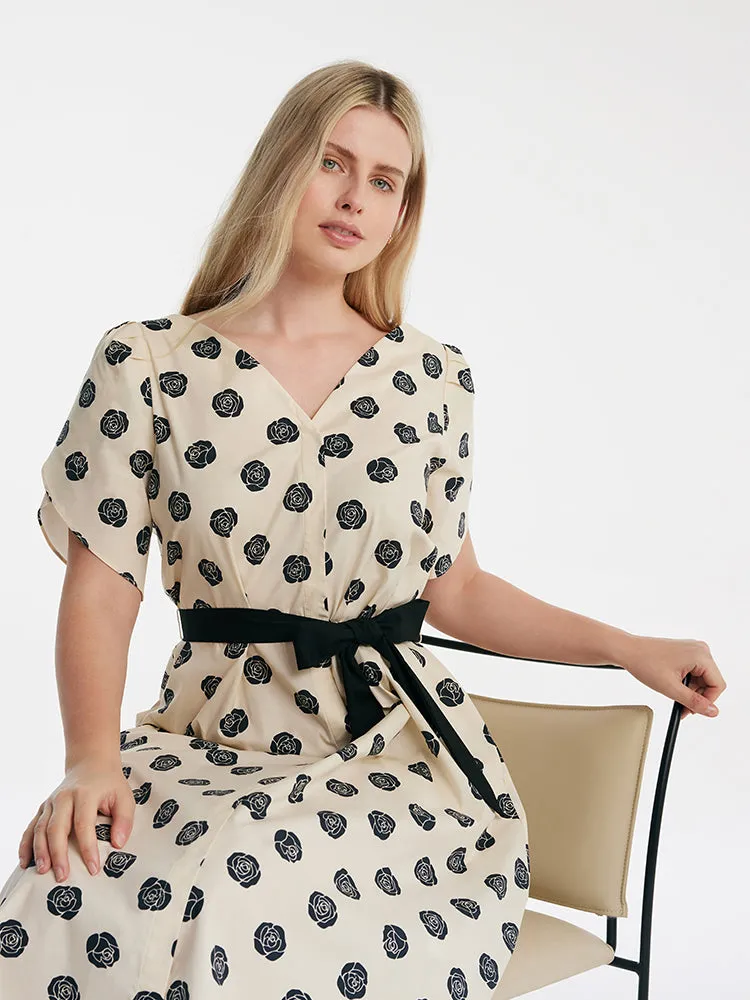 Black Rose Printed V-Neck Petal Sleeves Women Midi Dress With Belt