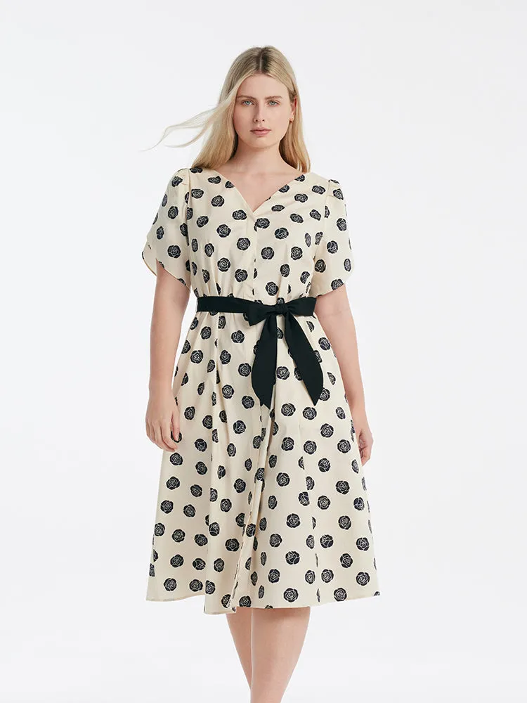 Black Rose Printed V-Neck Petal Sleeves Women Midi Dress With Belt