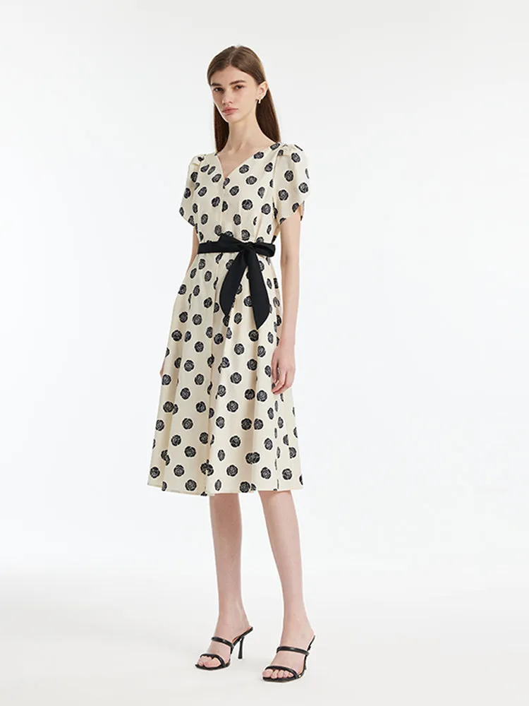 Black Rose Printed V-Neck Petal Sleeves Women Midi Dress With Belt