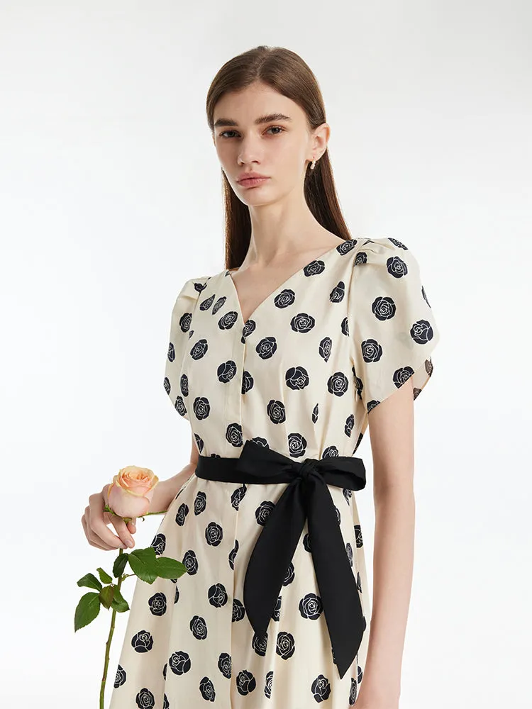 Black Rose Printed V-Neck Petal Sleeves Women Midi Dress With Belt