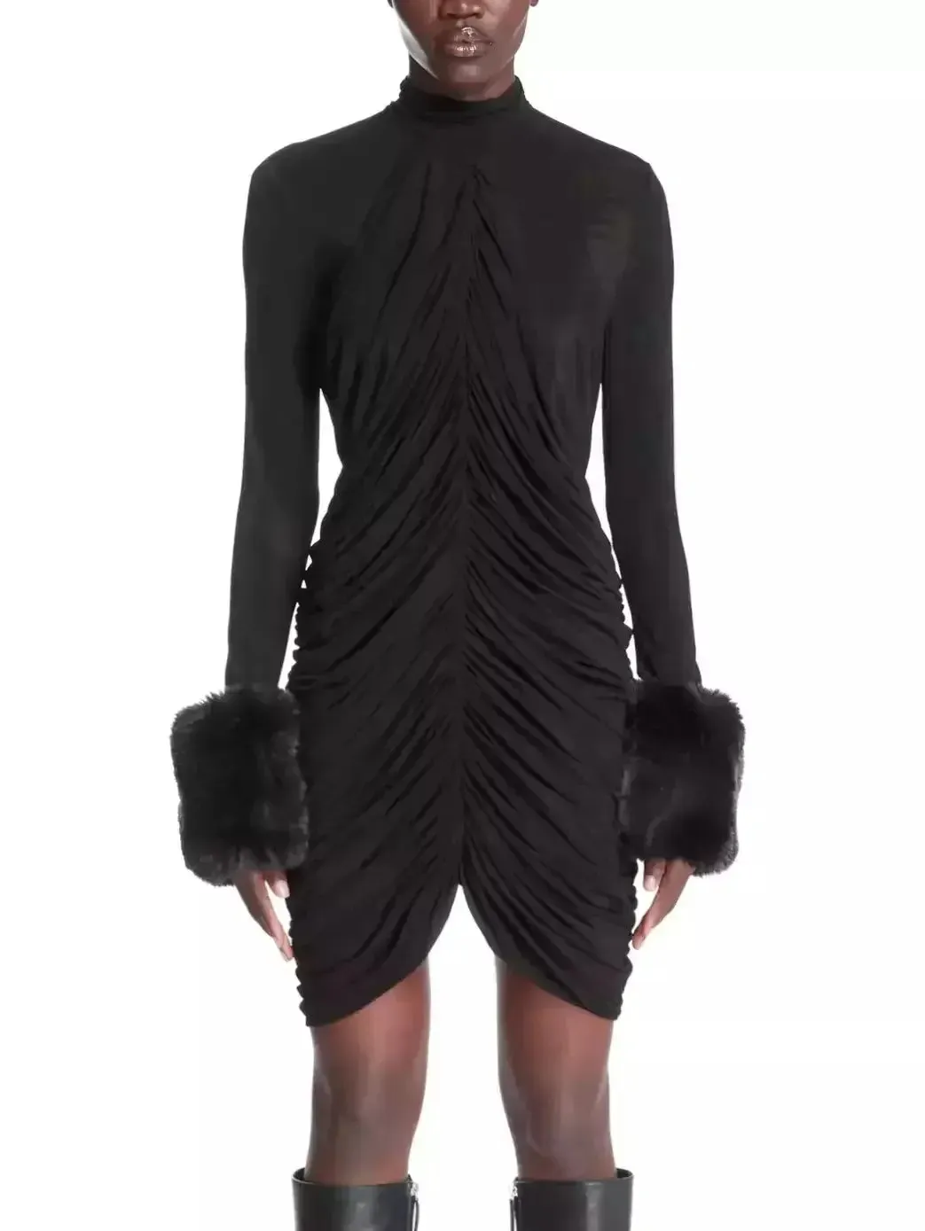 Black Ruched High-Neck Mini Dress with Fur Cuff Detail