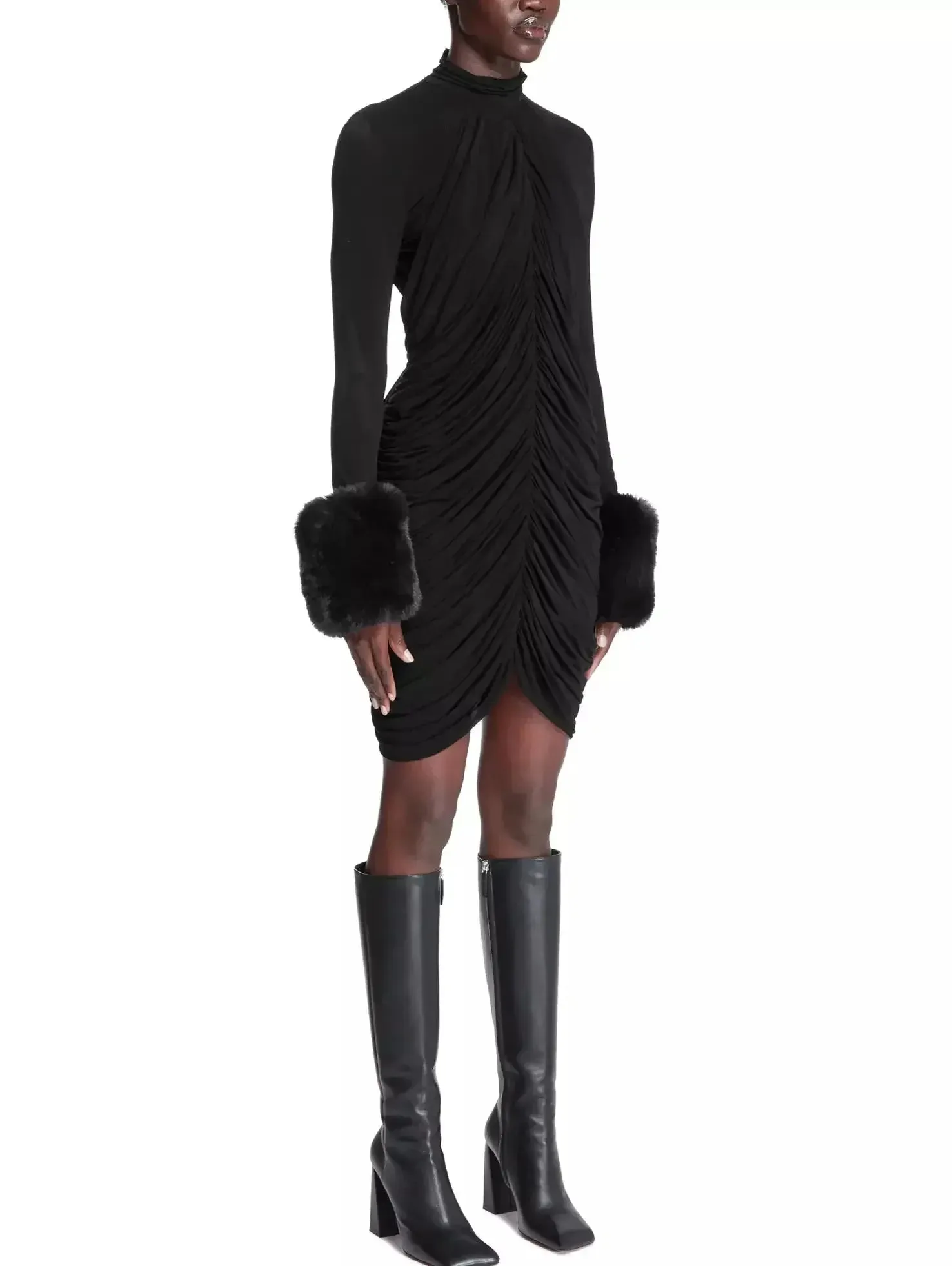 Black Ruched High-Neck Mini Dress with Fur Cuff Detail