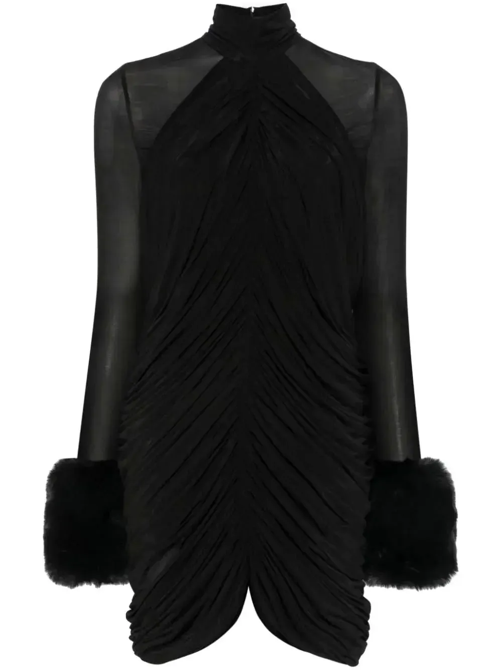 Black Ruched High-Neck Mini Dress with Fur Cuff Detail