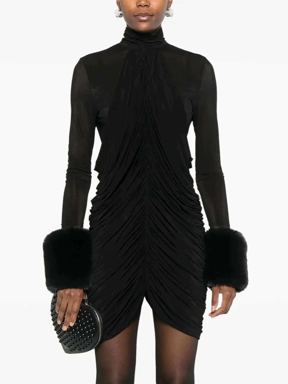 Black Ruched High-Neck Mini Dress with Fur Cuff Detail