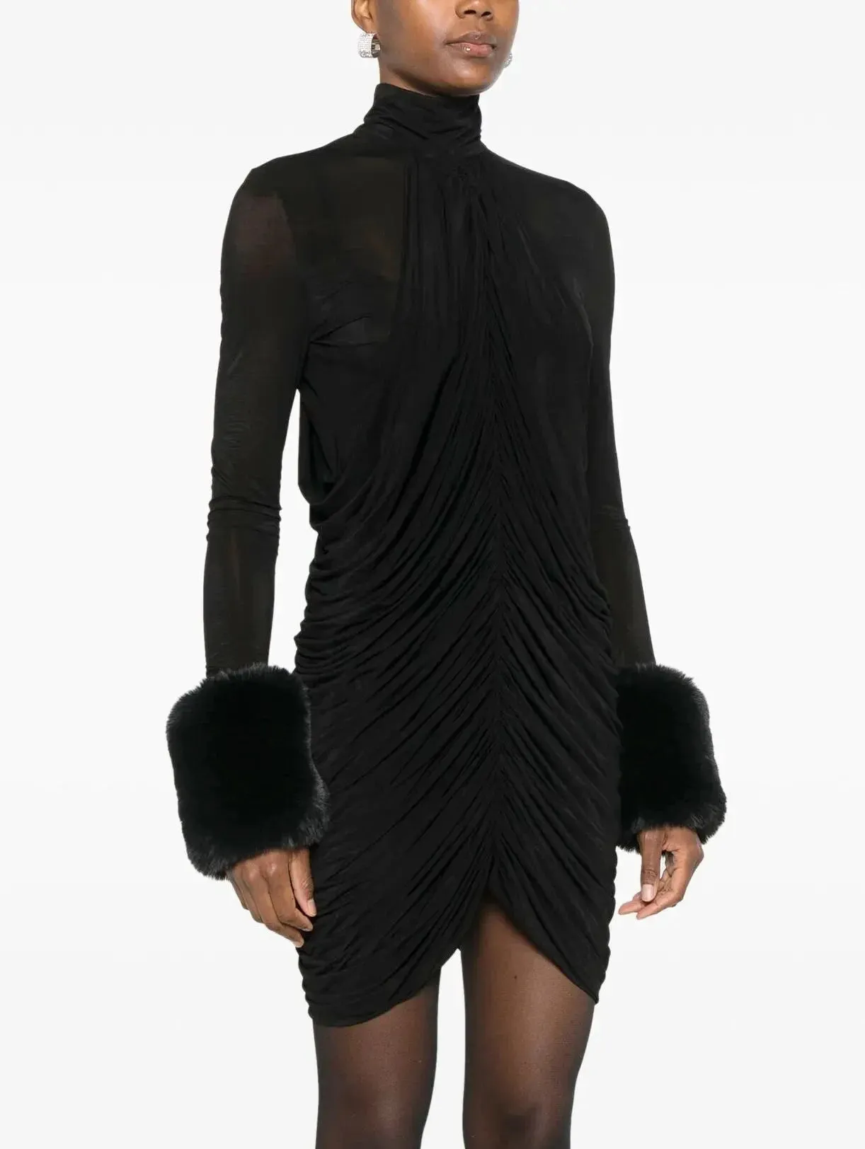 Black Ruched High-Neck Mini Dress with Fur Cuff Detail