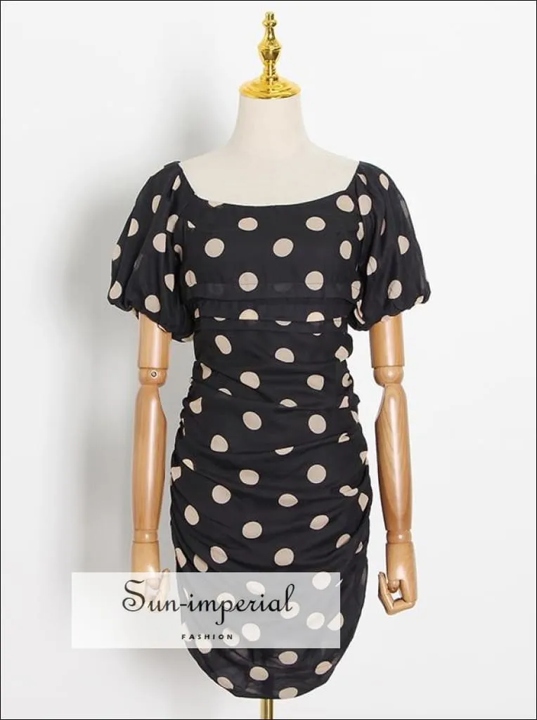 Black with Pink Polka Dot Ruched Backless Mini Dress with Square Neckline and Puff Short Sleeve