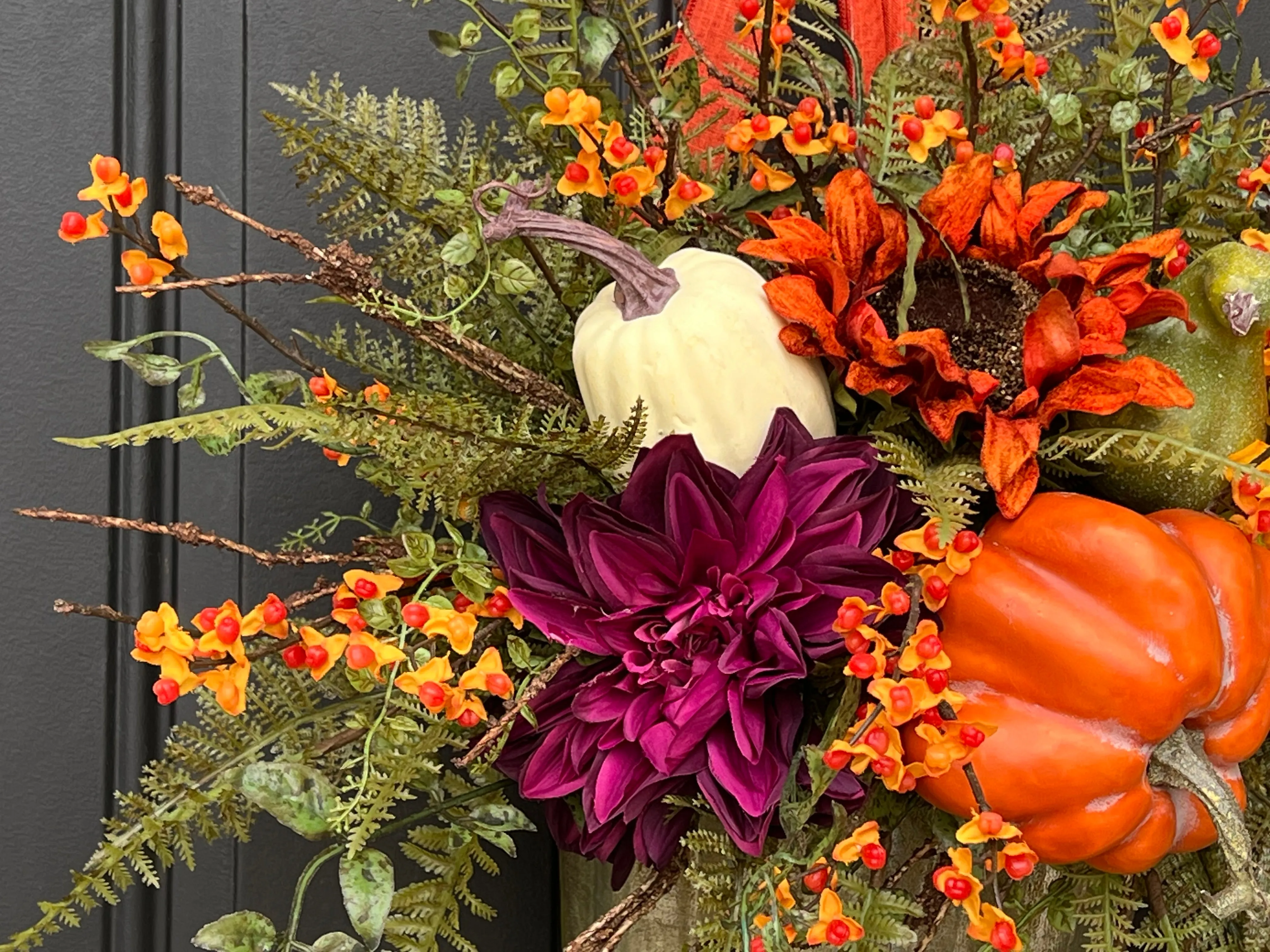 Bountiful Blessings Bucket Wreath with Pumpkins, Bittersweet and Sunflowers