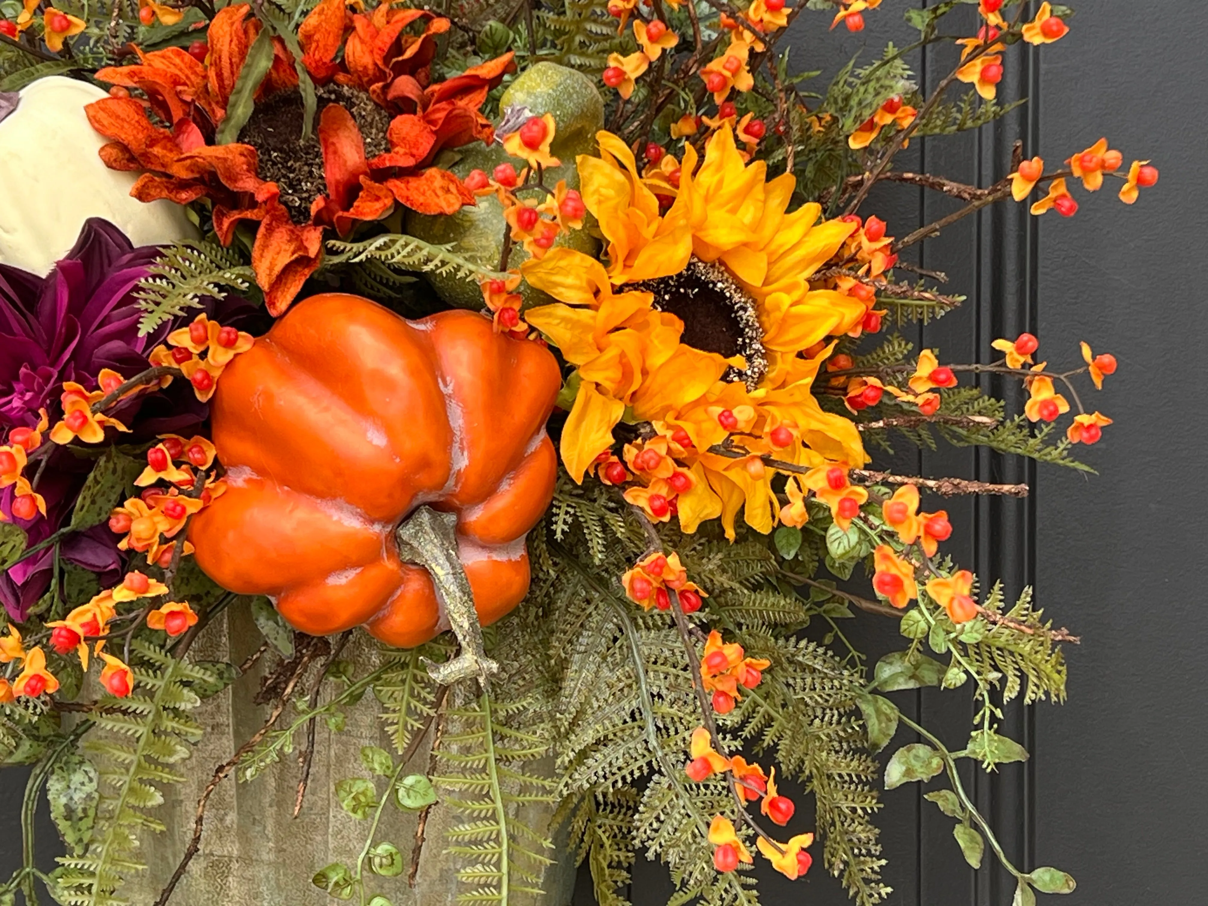 Bountiful Blessings Bucket Wreath with Pumpkins, Bittersweet and Sunflowers