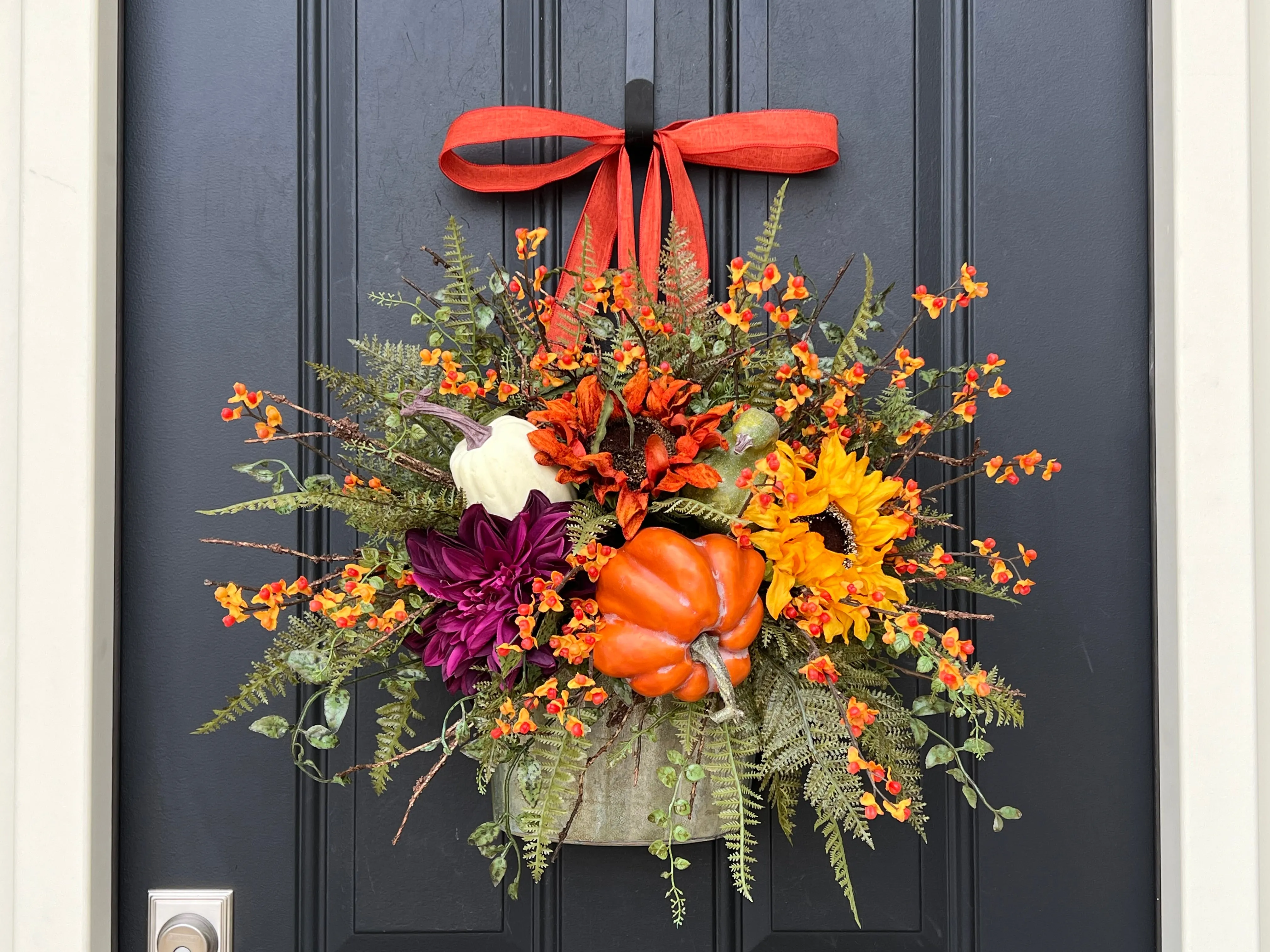 Bountiful Blessings Bucket Wreath with Pumpkins, Bittersweet and Sunflowers