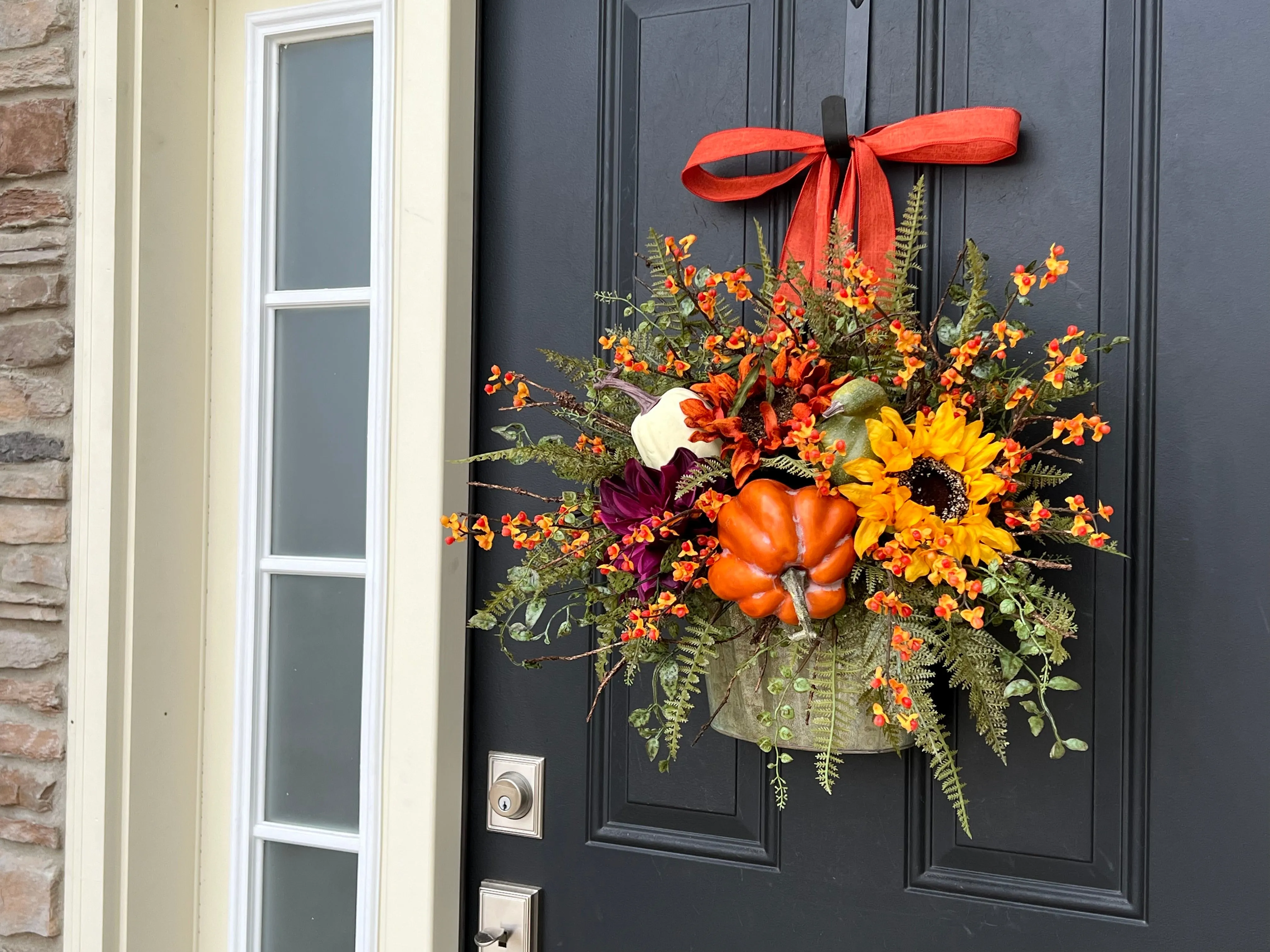 Bountiful Blessings Bucket Wreath with Pumpkins, Bittersweet and Sunflowers