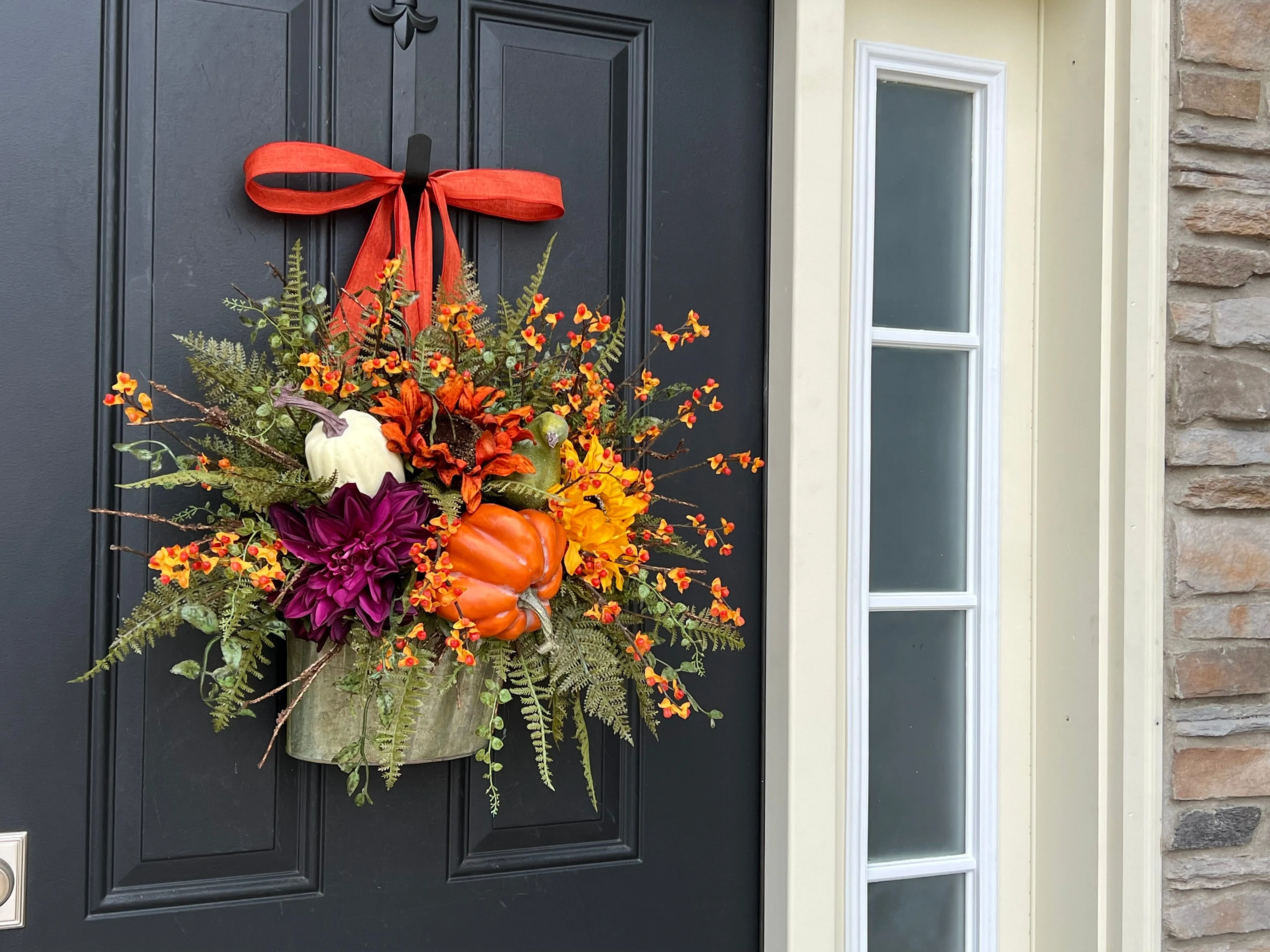 Bountiful Blessings Bucket Wreath with Pumpkins, Bittersweet and Sunflowers