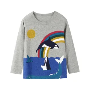 Boys Long Sleeve Shark Print Grey Top