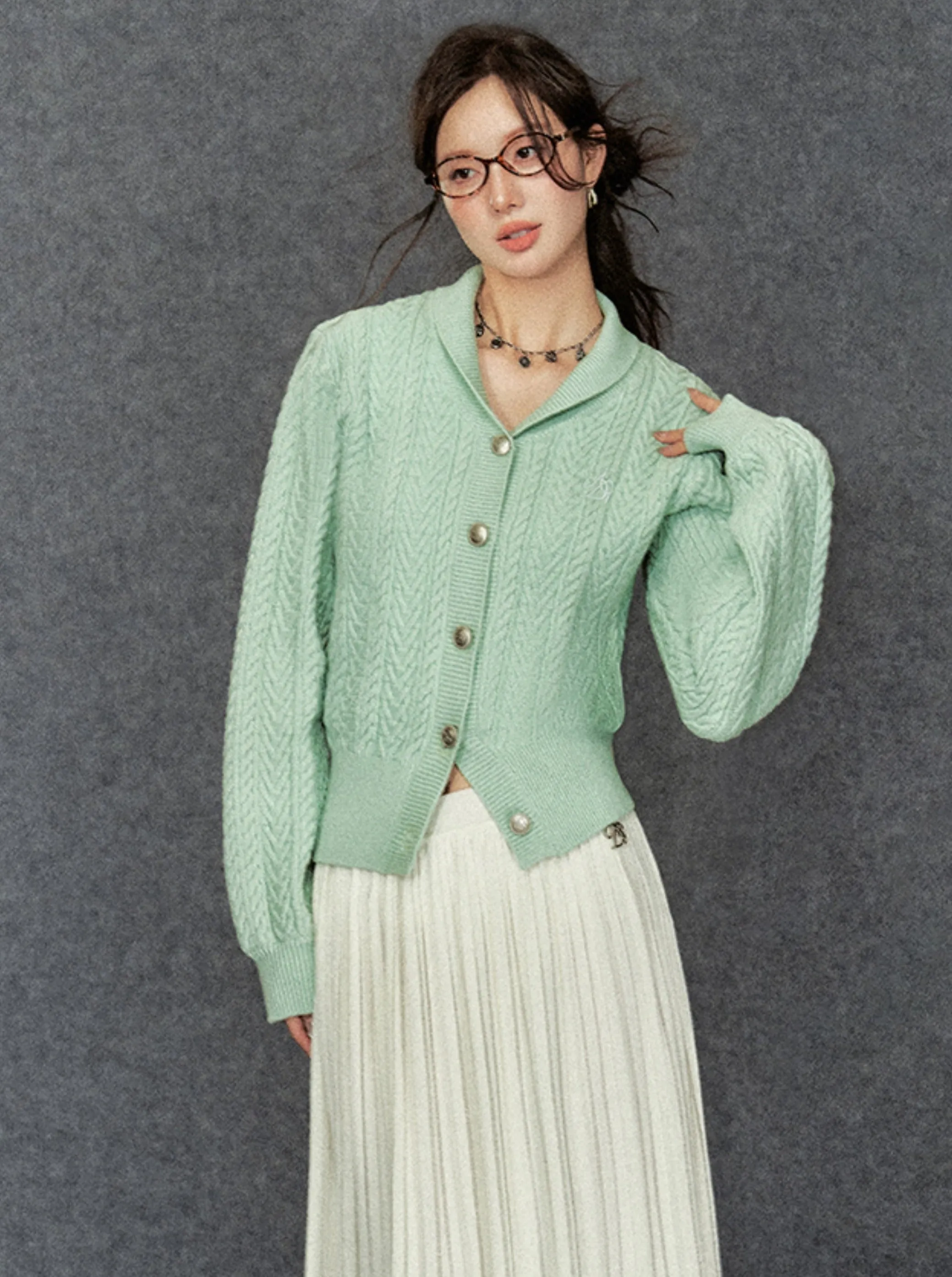 Cozy Cable Knit Cardigan: Classic V-Neck Button-Up Sweater with Embroidered Logo