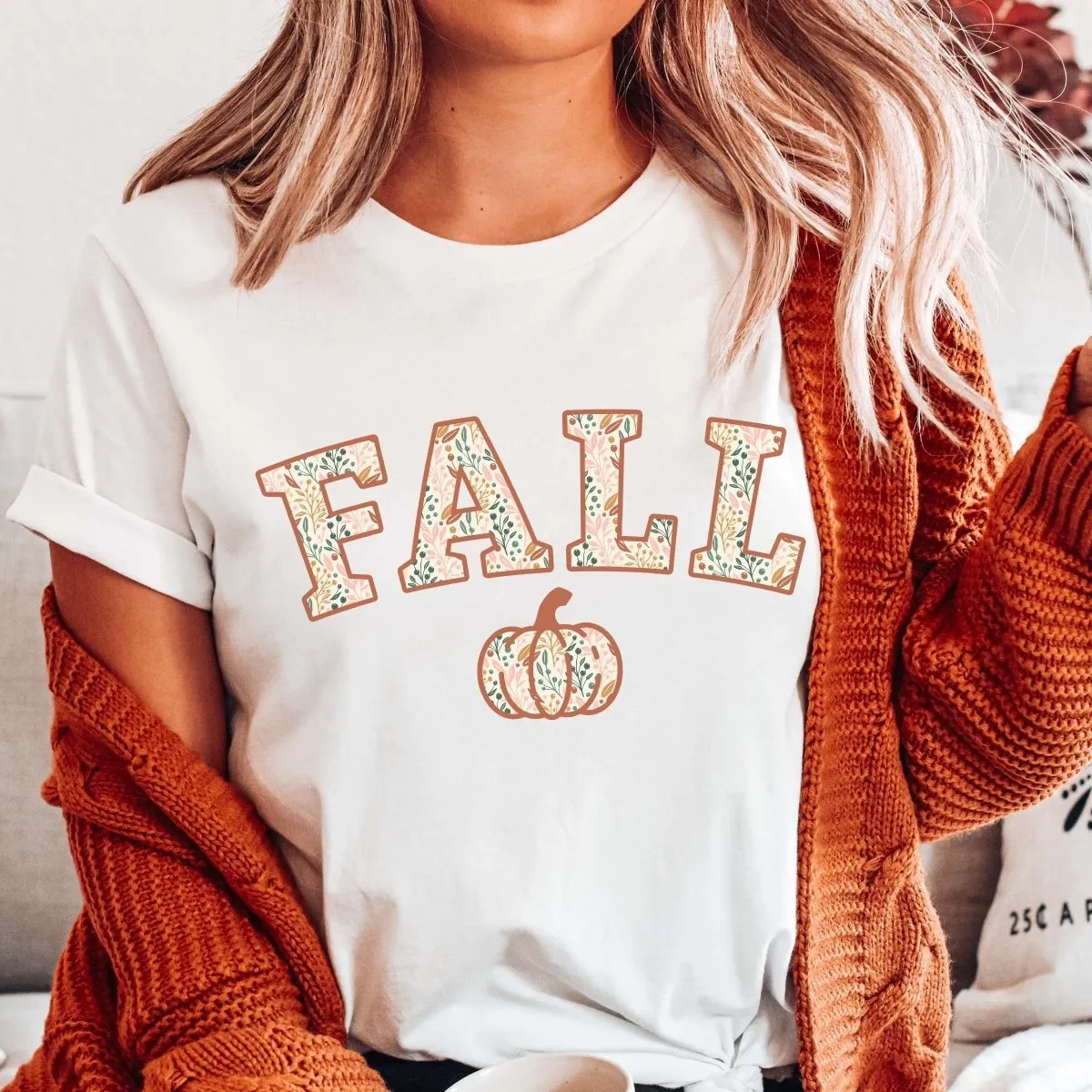 Fall Pumpkin Floral Pattern Wholesale Bella Graphic Tee - Quick Shipping