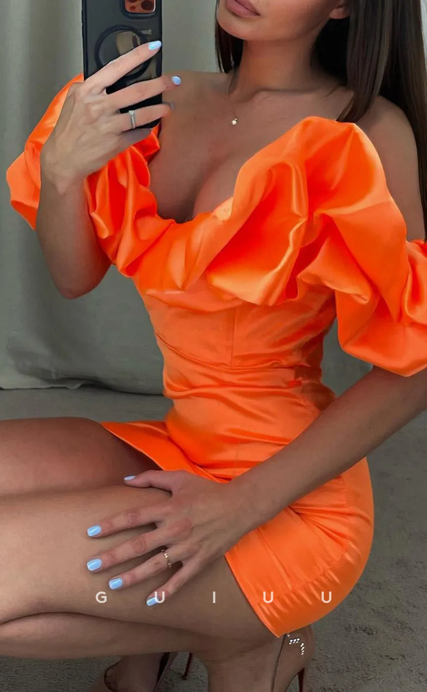 GH962 - Unique Sheath Off Shoulder Sleeveless Ruched Orange Homecoming Dress