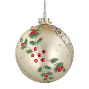 Gisela Graham 8cm Glass Matt Gold Diamante Holly Bauble