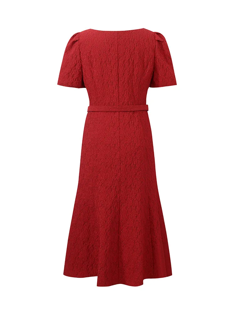 Jacquard Square Neck Single-Breasted Women Midi Dress With Belt