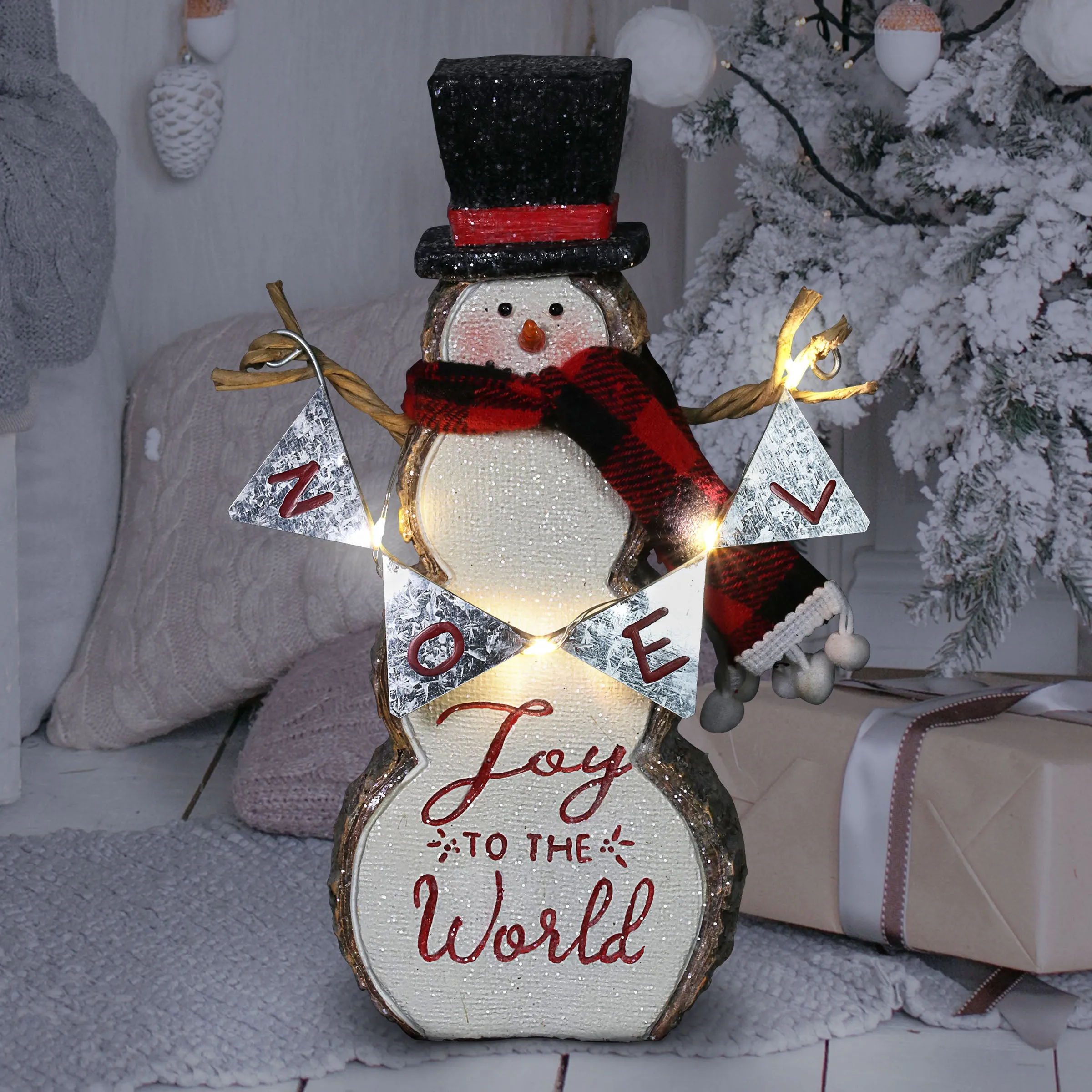 Joy To The World LED Snowman Statue on a Battery Powered Timer, 8.5 Inch