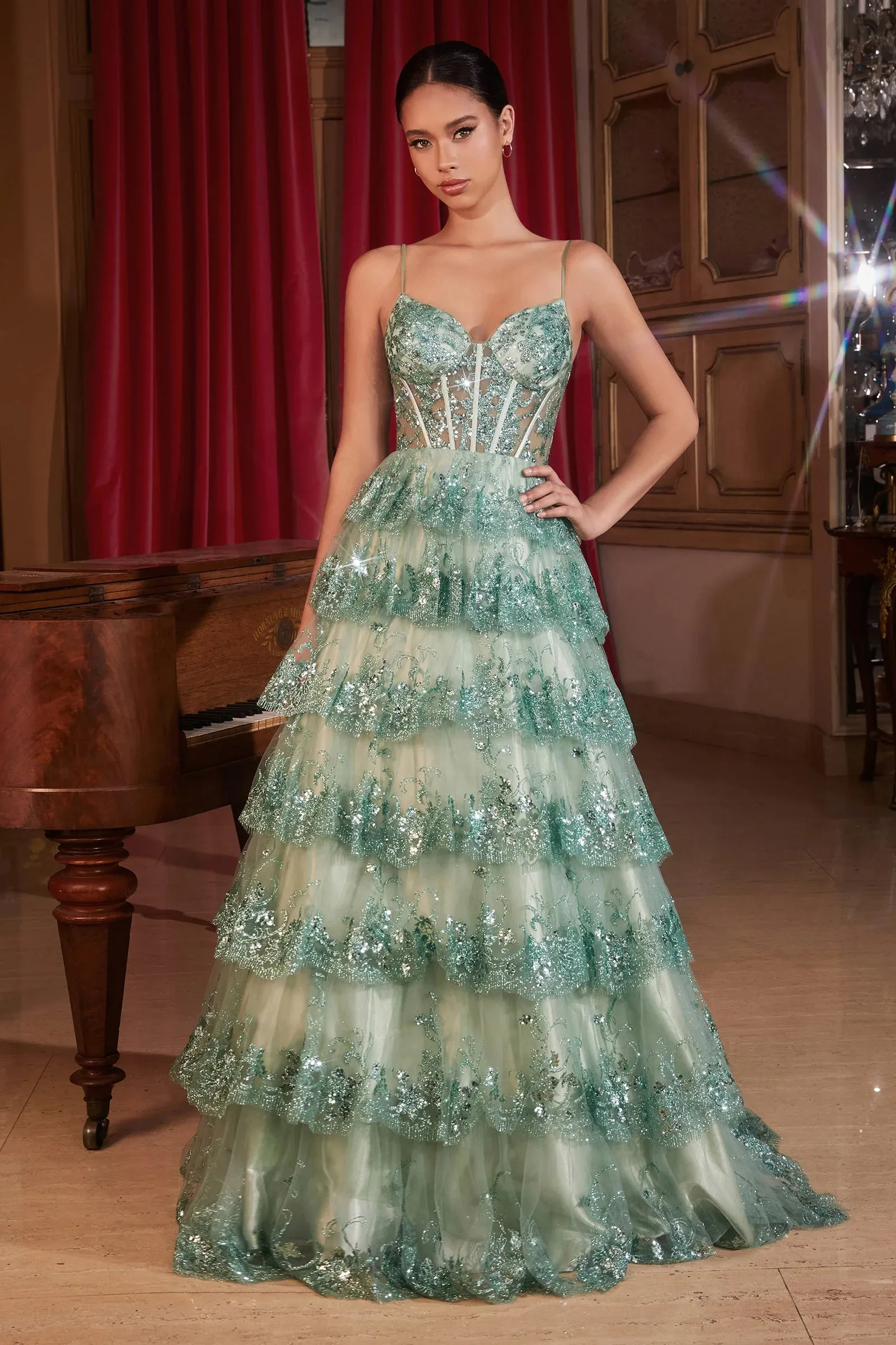 LaDivine - KV1108: A-line Gown with Scalloped Sequin Ruffles