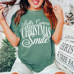 Lights Camera Christmas Smile Wholesale Comfort Color Graphic Tee - Fast Shipping