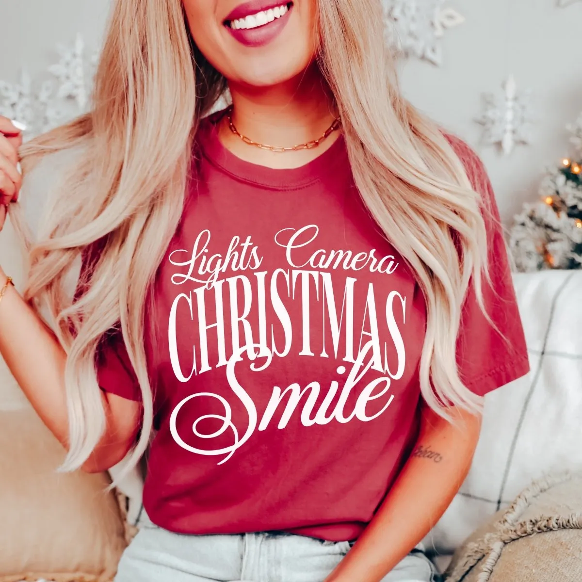 Lights Camera Christmas Smile Wholesale Comfort Color Graphic Tee - Fast Shipping