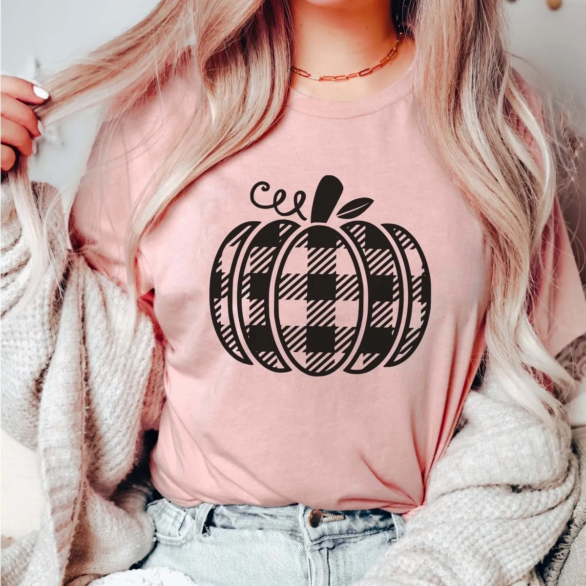 Plaid Pumpkin Wholesale Bella Graphic Tee - Fast Shipping