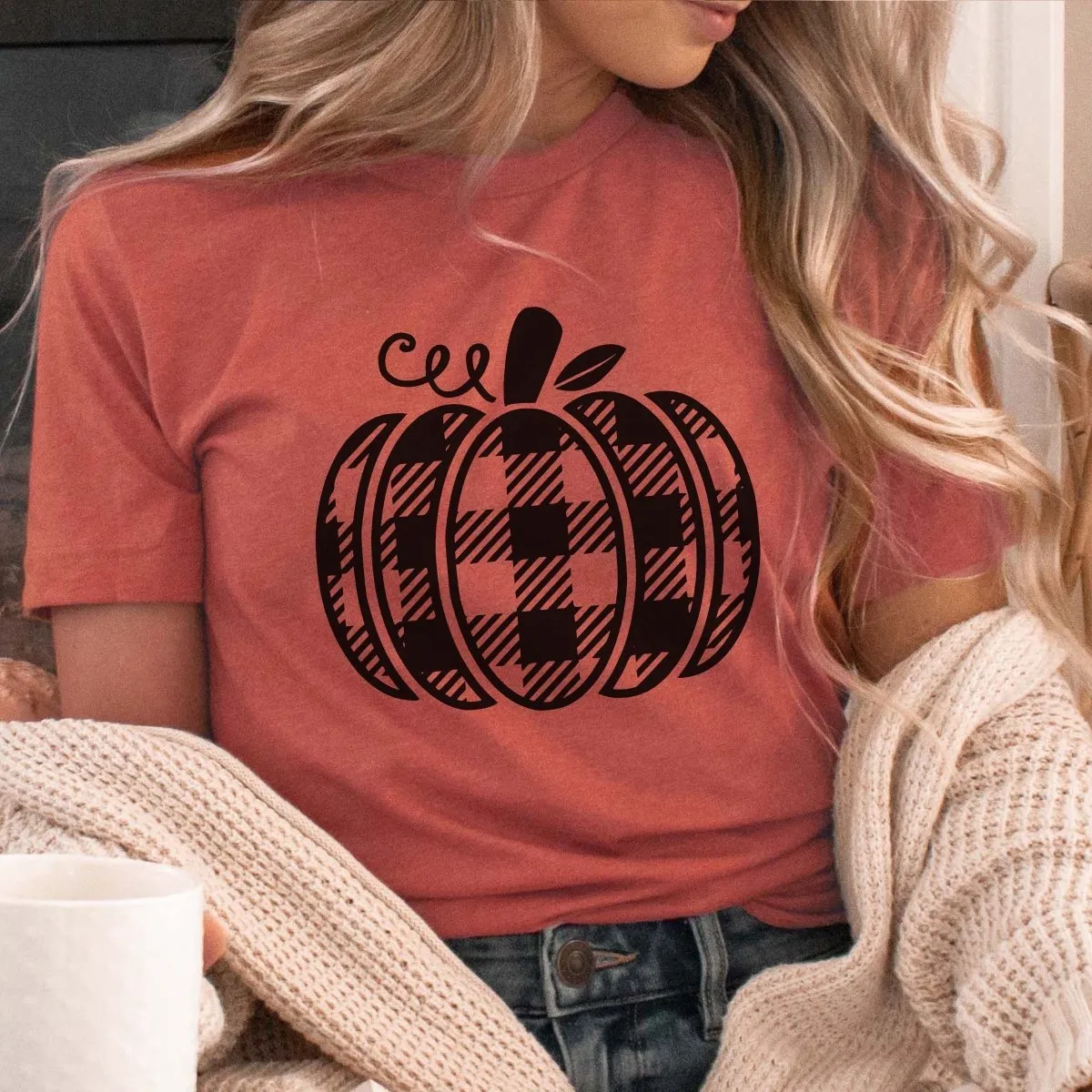 Plaid Pumpkin Wholesale Bella Graphic Tee - Fast Shipping