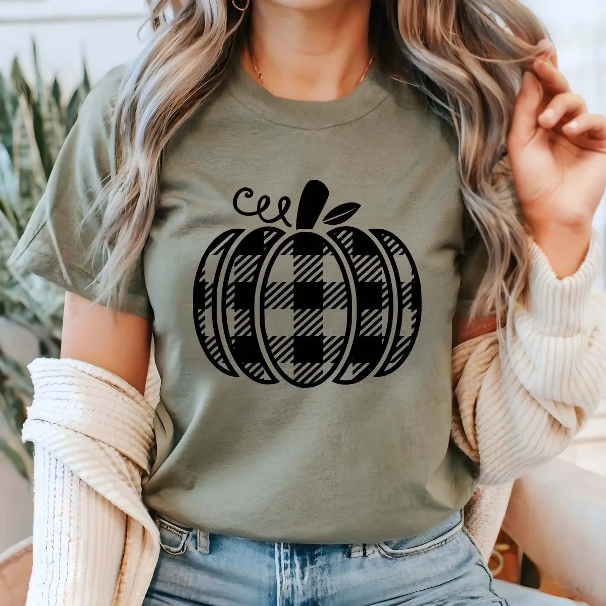 Plaid Pumpkin Wholesale Bella Graphic Tee - Fast Shipping