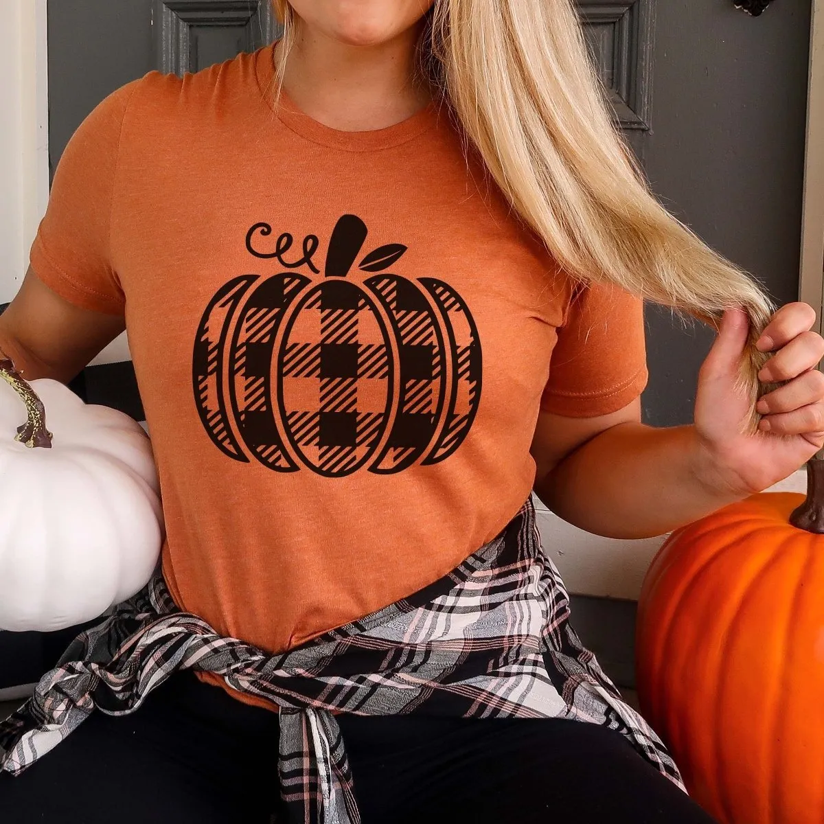 Plaid Pumpkin Wholesale Bella Graphic Tee - Fast Shipping