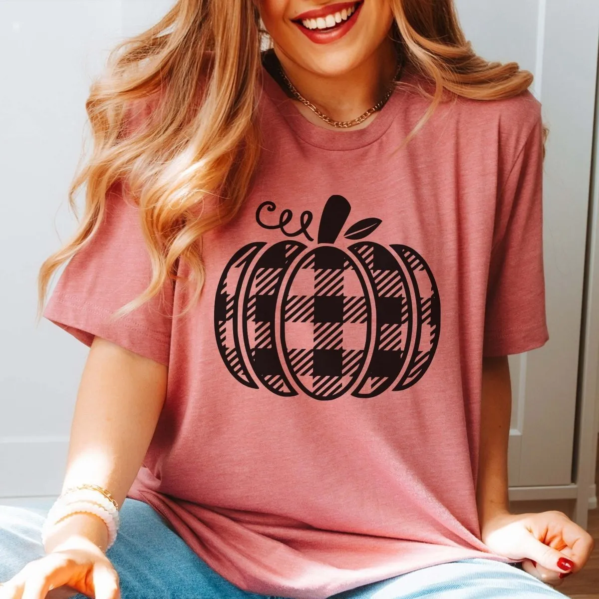 Plaid Pumpkin Wholesale Bella Graphic Tee - Fast Shipping