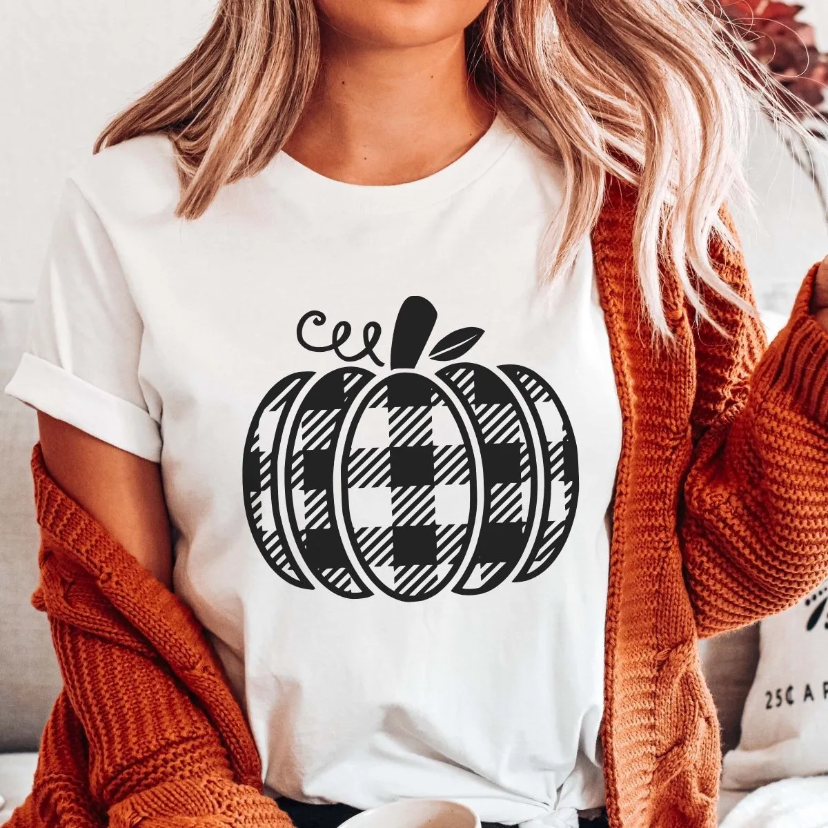 Plaid Pumpkin Wholesale Bella Graphic Tee - Fast Shipping