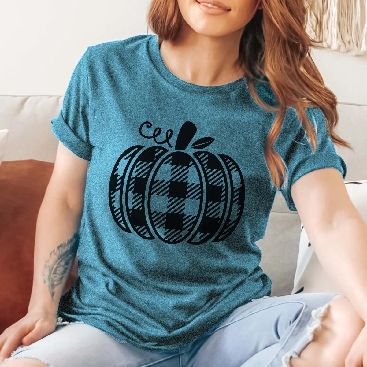 Plaid Pumpkin Wholesale Bella Graphic Tee - Fast Shipping