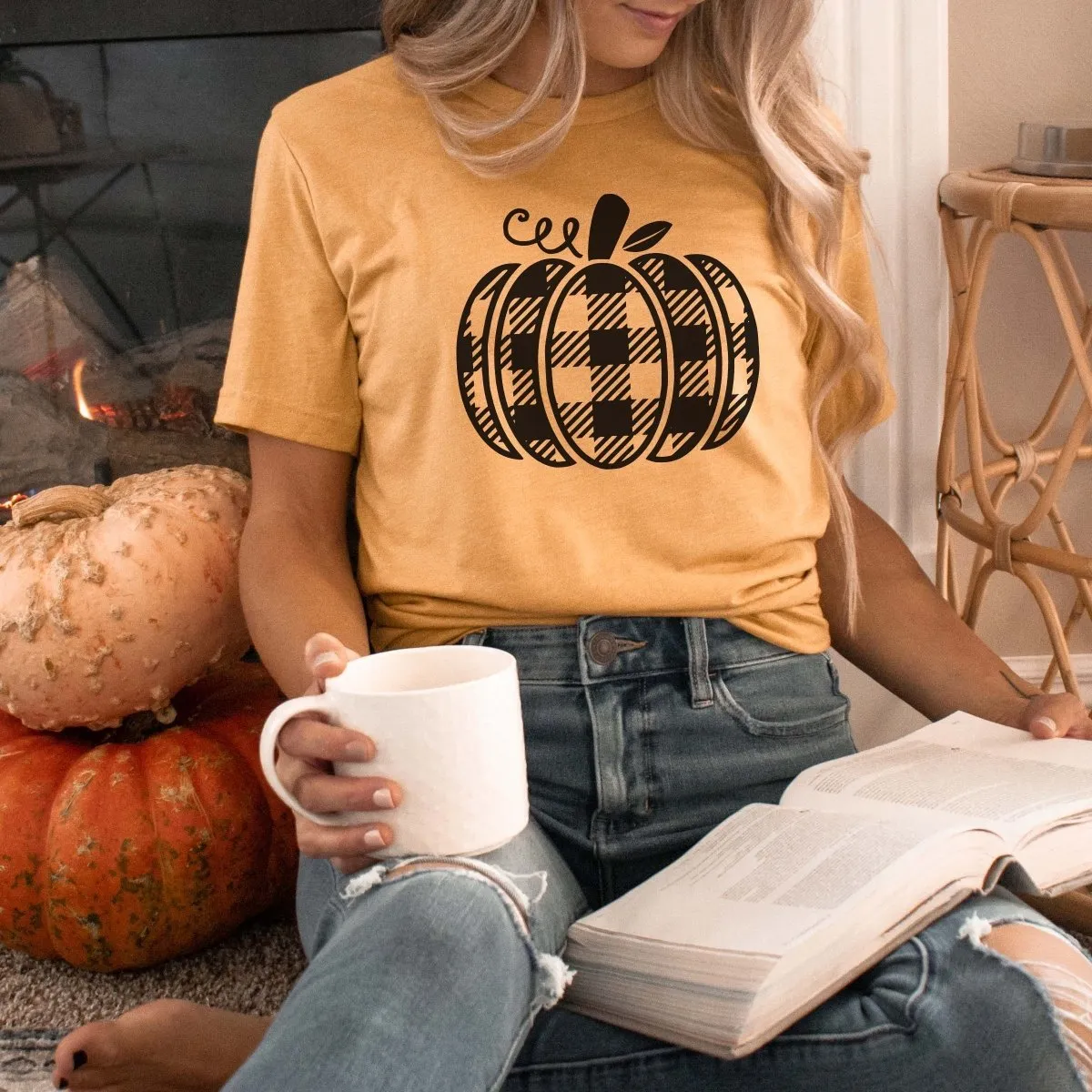 Plaid Pumpkin Wholesale Bella Graphic Tee - Fast Shipping