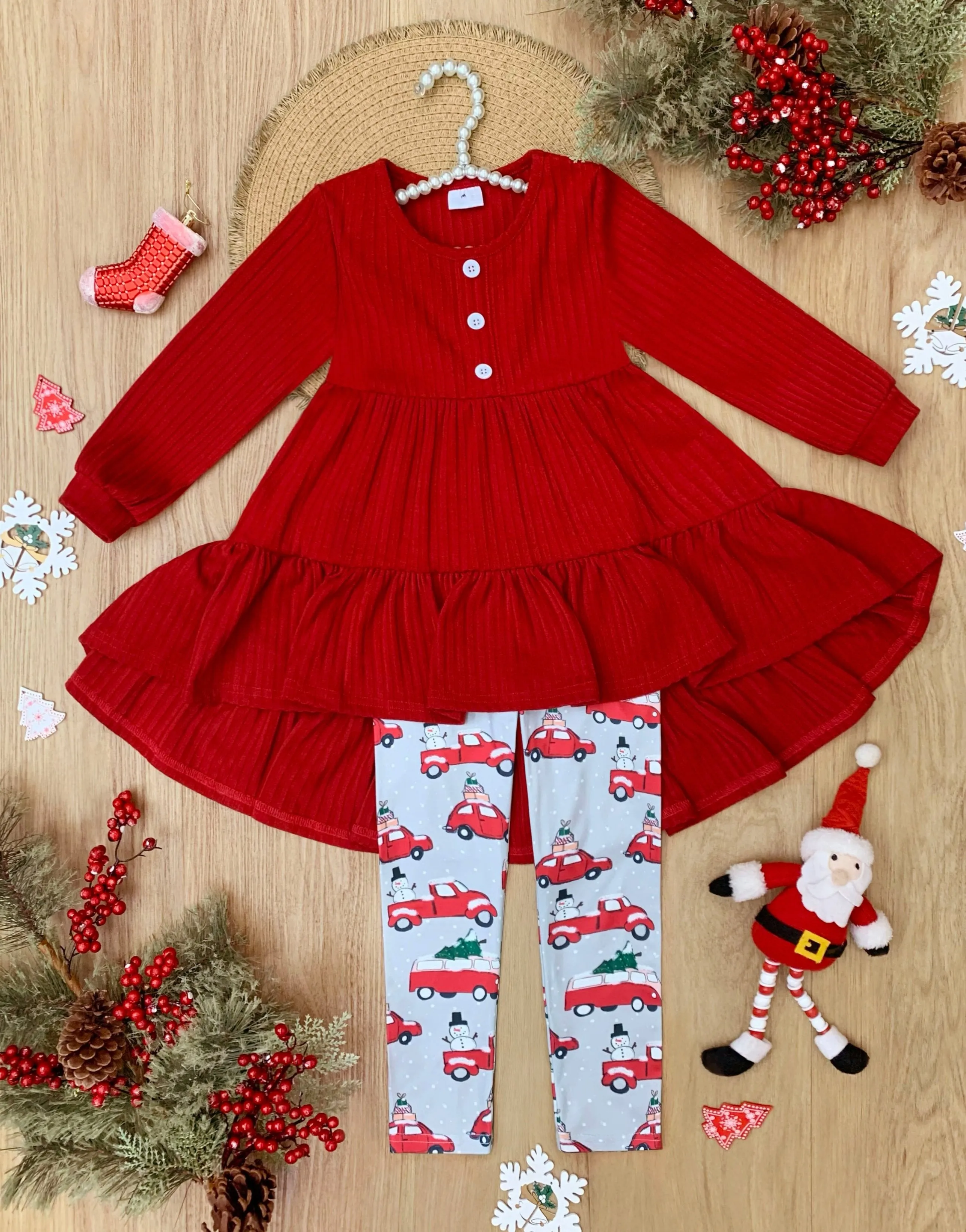 Red Ruffle Tunic and Christmas Leggings Set