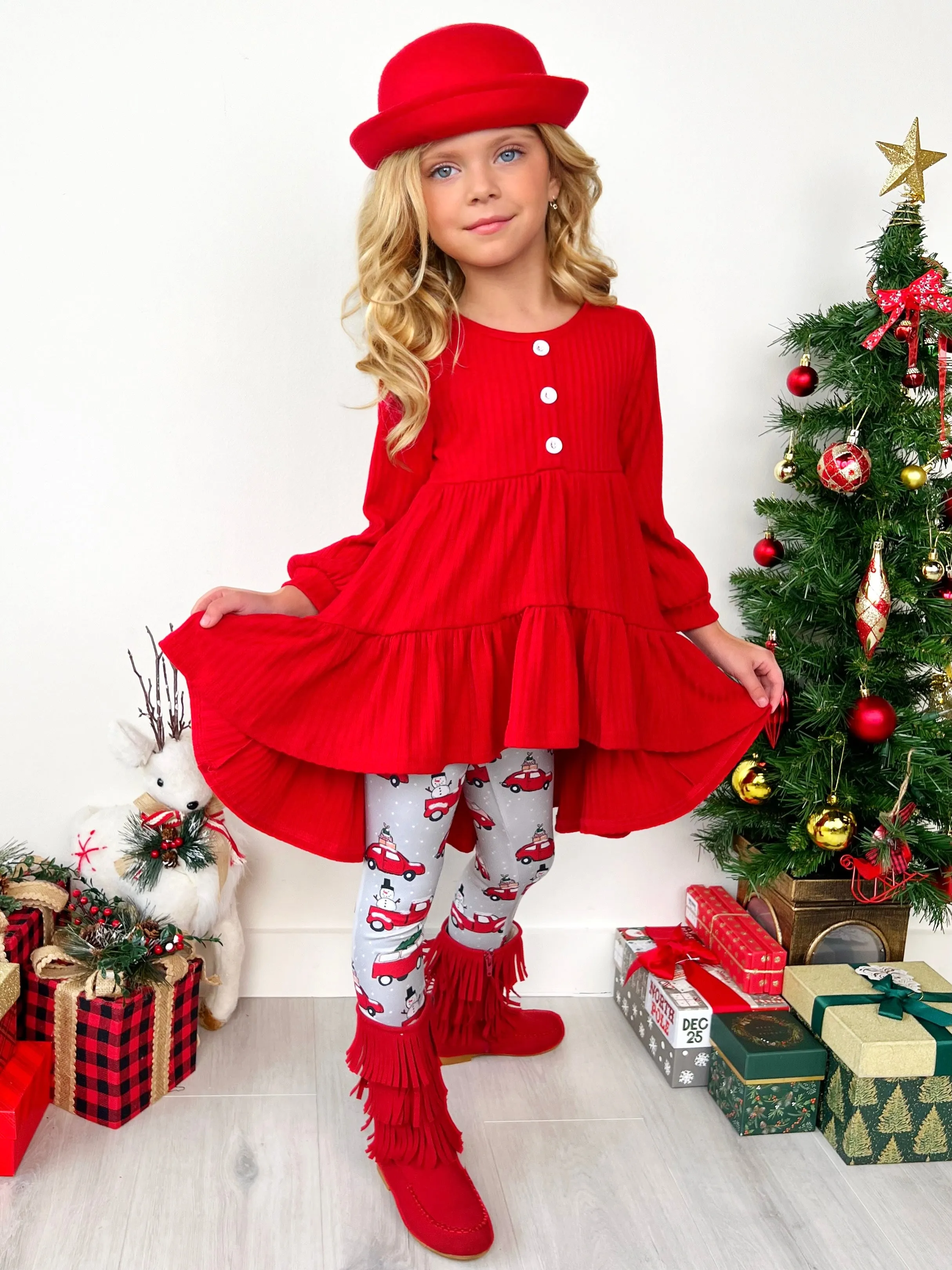 Red Ruffle Tunic and Christmas Leggings Set