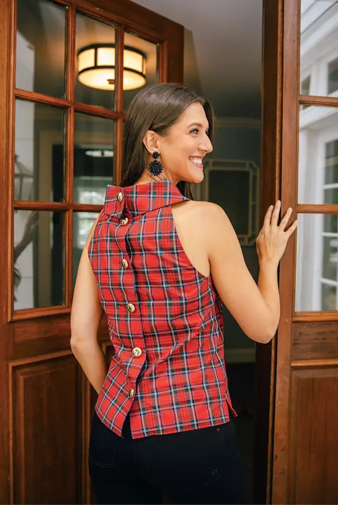 Sail to Sable Sleeveless Cowl Neck Button Back Top - Red Plaid