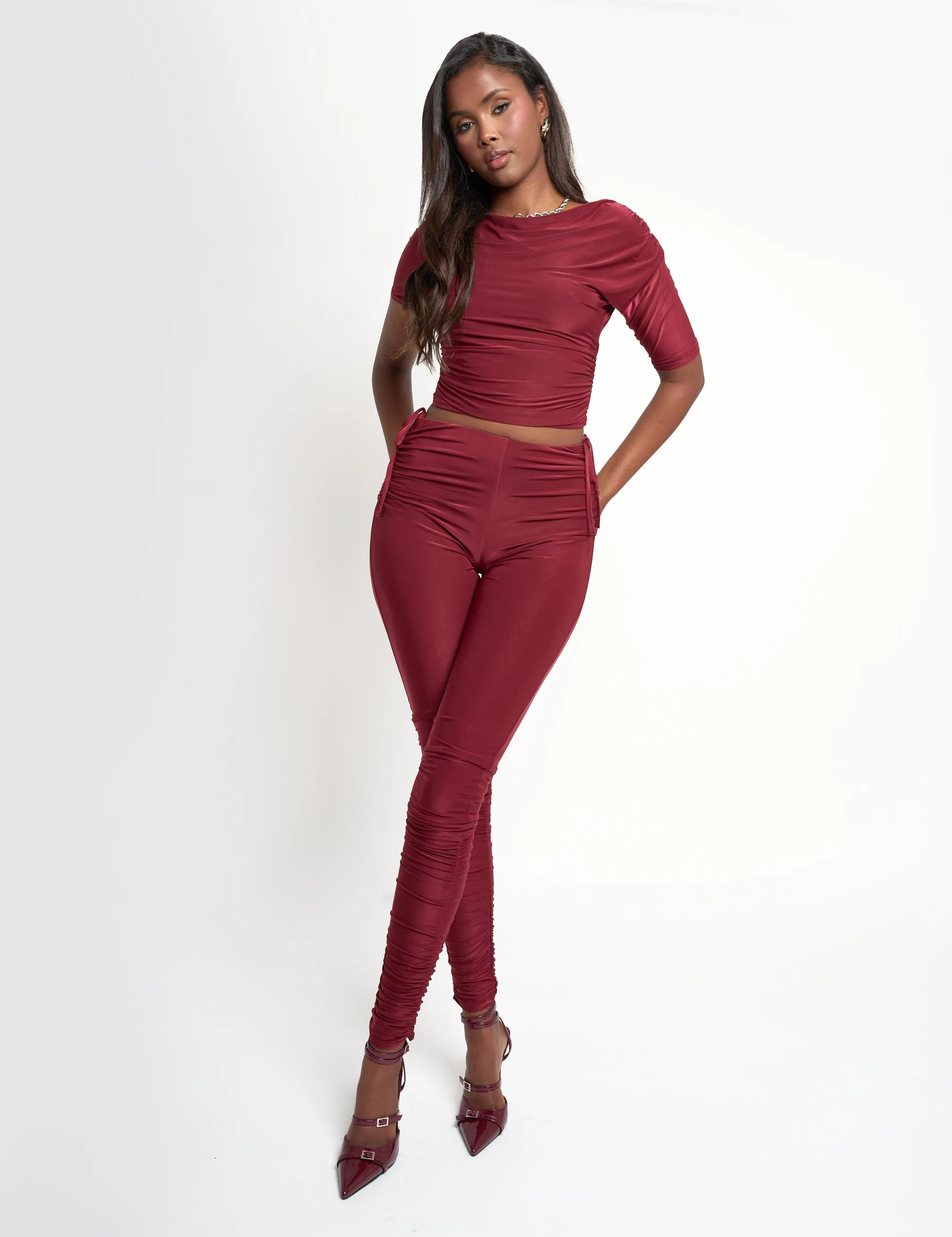 Slinky Ruched Trouser Co Ord Burgundy