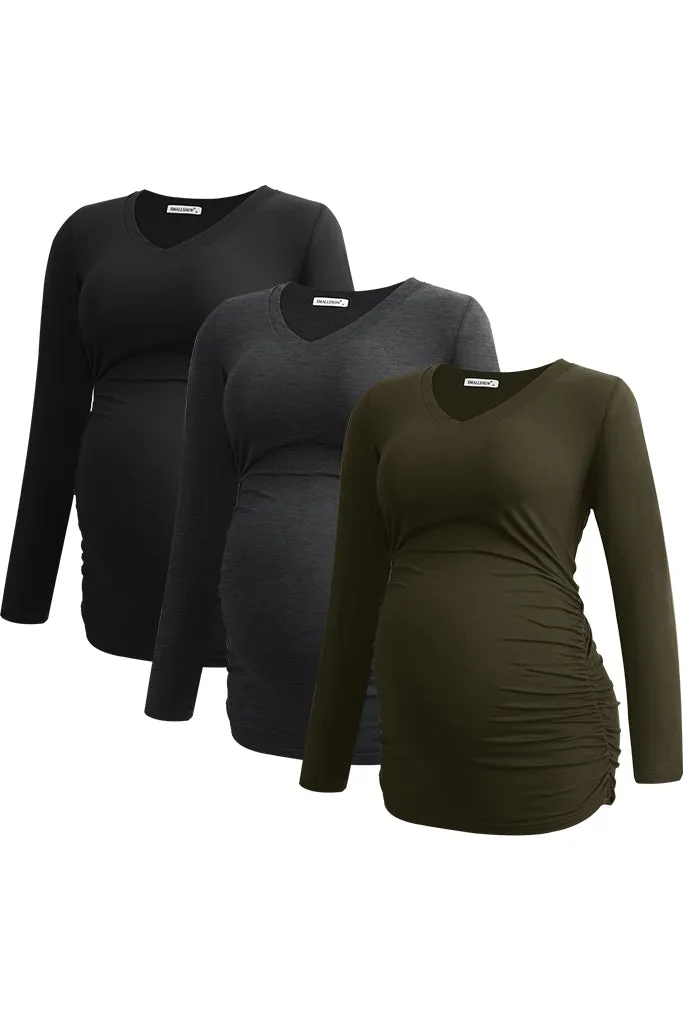 Smallshow V Neck Long Sleeve Maternity Shirts 3-Pack